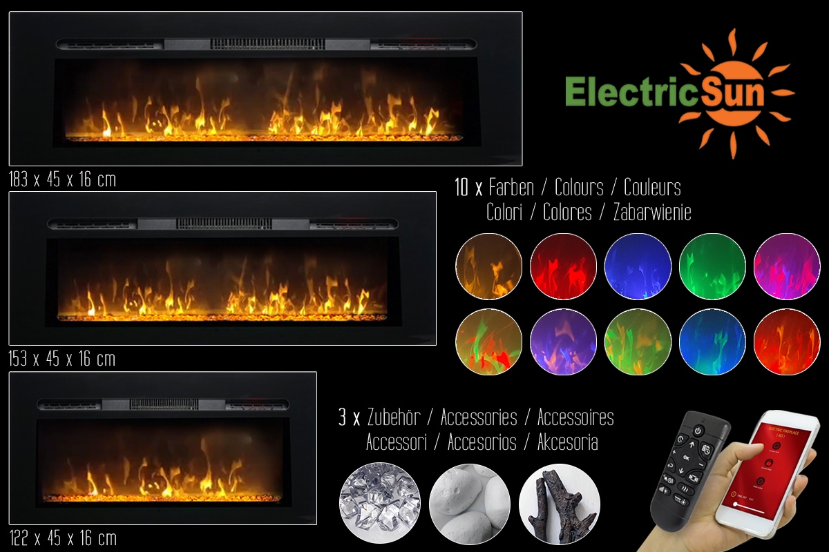 Semineu electric 3D ElectricSun PAULA GLASS negru mic, pe perete, podea sau incorporabil, cu sunet, 10 culori, L122xH45cm