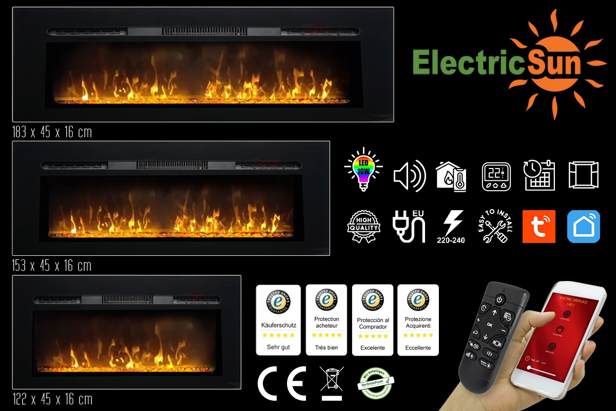 Semineu electric 3D ElectricSun PAULA GLASS negru mic, pe perete, podea sau incorporabil, cu sunet, 10 culori, L122xH45cm