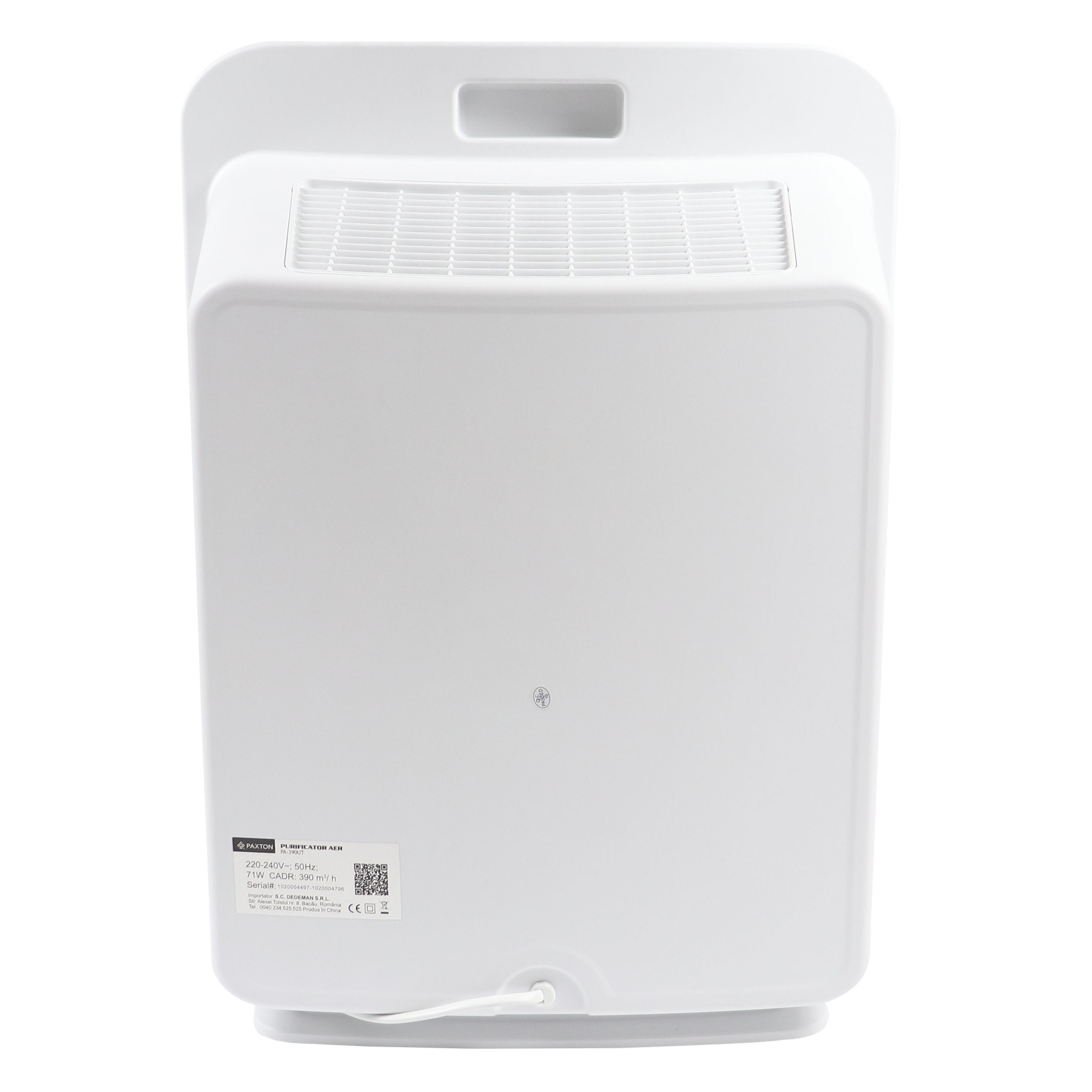 Purificator aer, realizat din plastic, 71 W, 3 viteze, 230V, 390 mc/h, 53,2 x 40,5 x 24,5 cm, suprafata de acoperire 48mp, alb