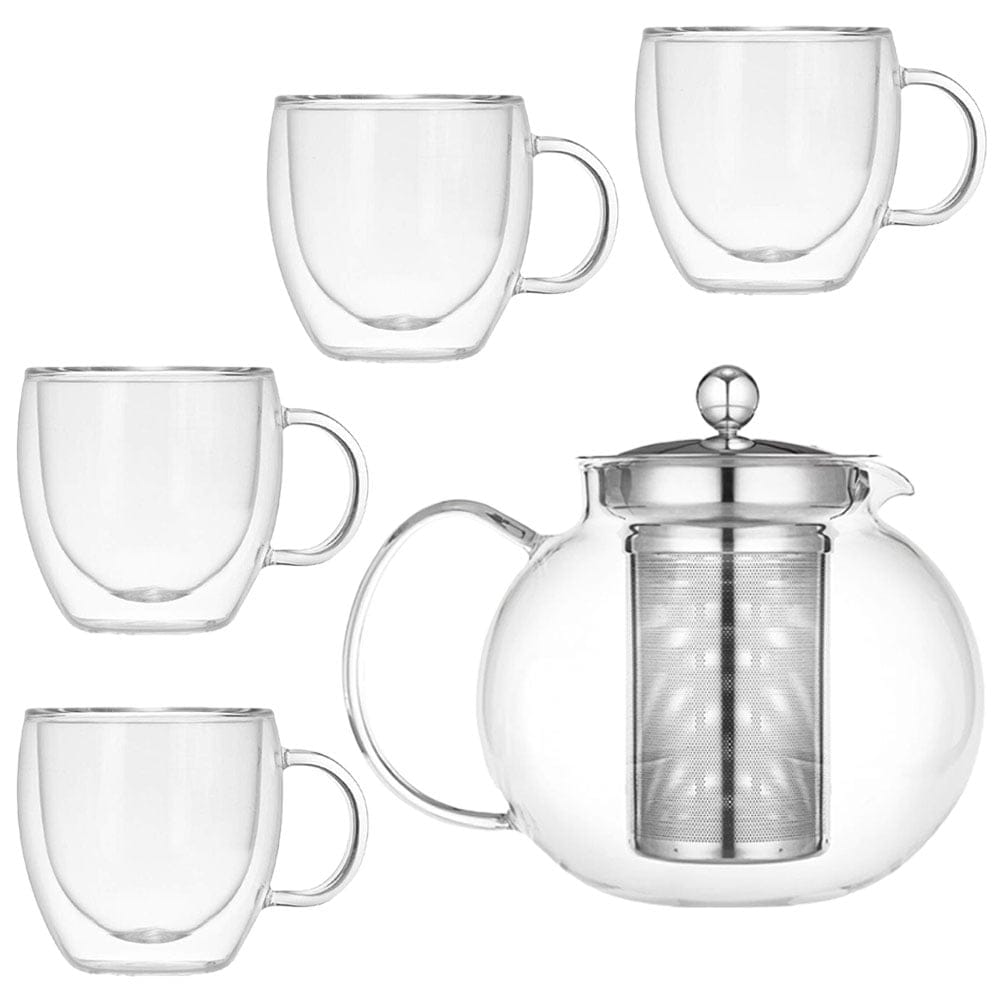 Set ceainic cu 4 cesti, Quasar & Co., cu infuzor, capac si 4 cani cu pereti dubli, 1.4 l/4x250 ml, transparent