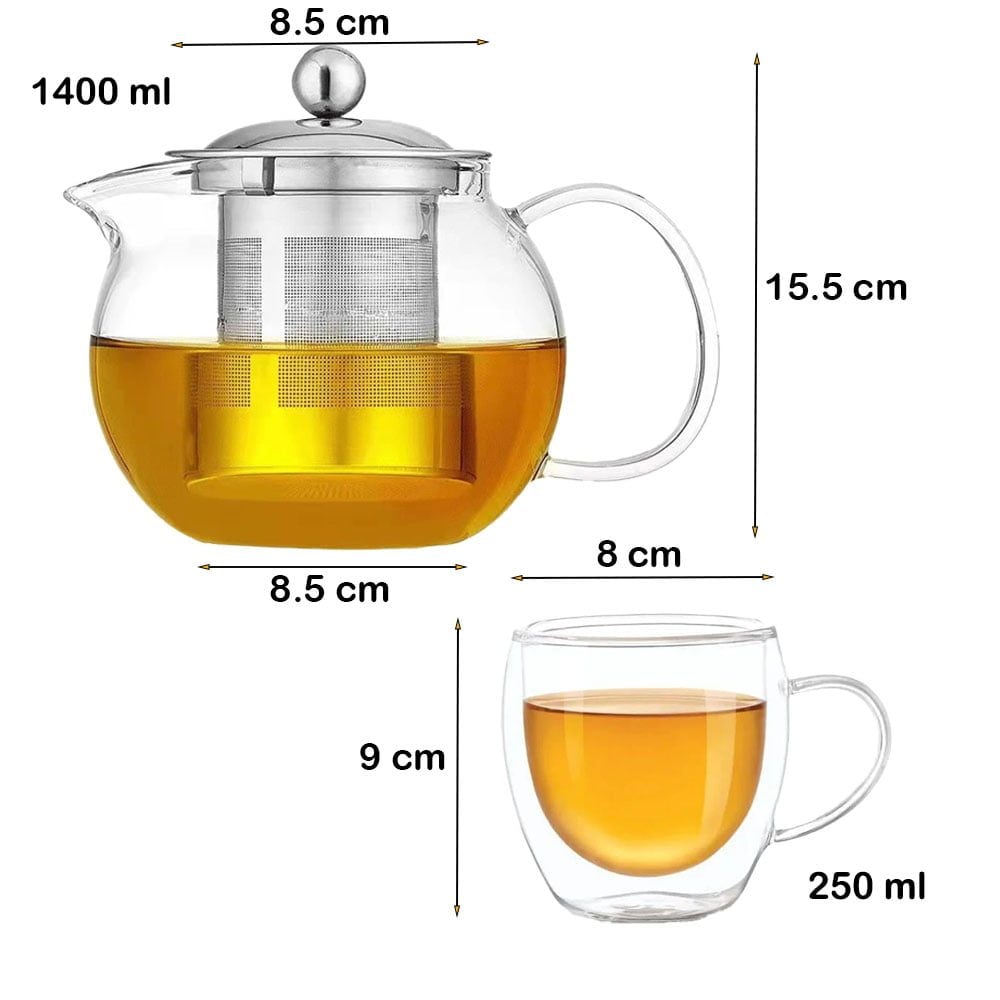 Set ceainic cu 4 cesti, Quasar & Co., cu infuzor, capac si 4 cani cu pereti dubli, 1.4 l/4x250 ml, transparent