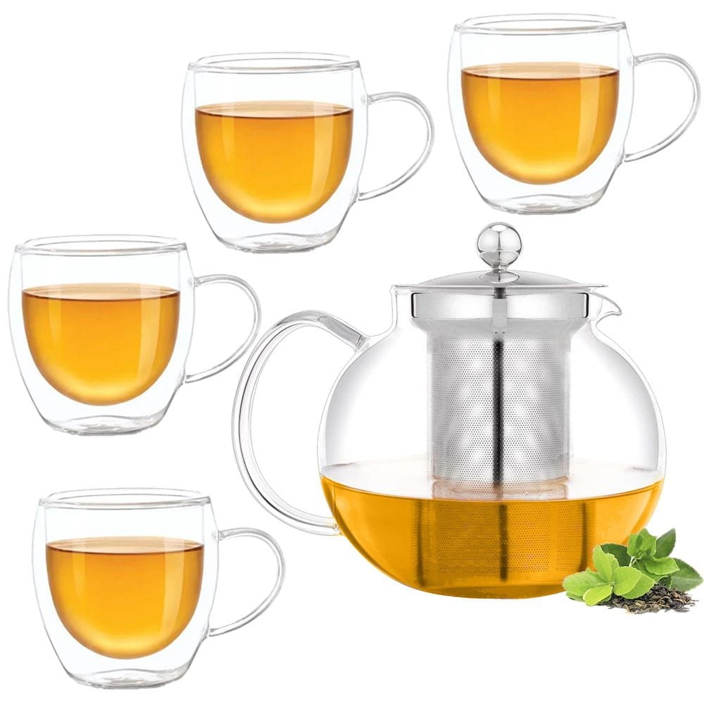 Set ceainic cu 4 cesti, Quasar & Co., cu infuzor, capac si 4 cani cu pereti dubli, 1.4 l/4x250 ml, transparent
