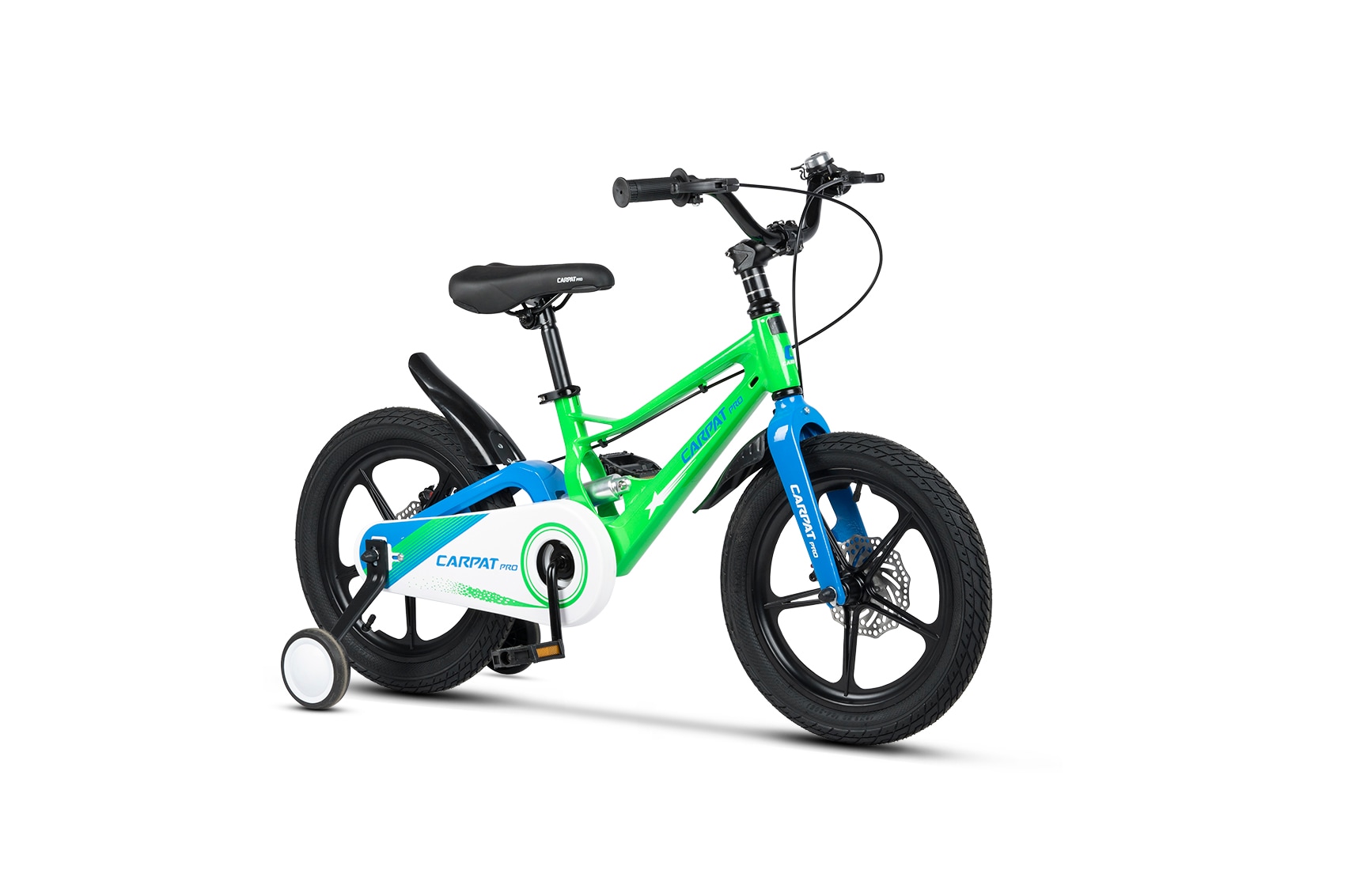 Bicicleta MTB de munte pentru copii 4-6 ani Mid Suspension Carpat Pro JSX16144, cadru din Aluminiu cu cabluri integrate, suspensie spate, roata 16 inch, frana pe disc, roti ajutatoare, verde cu albastru