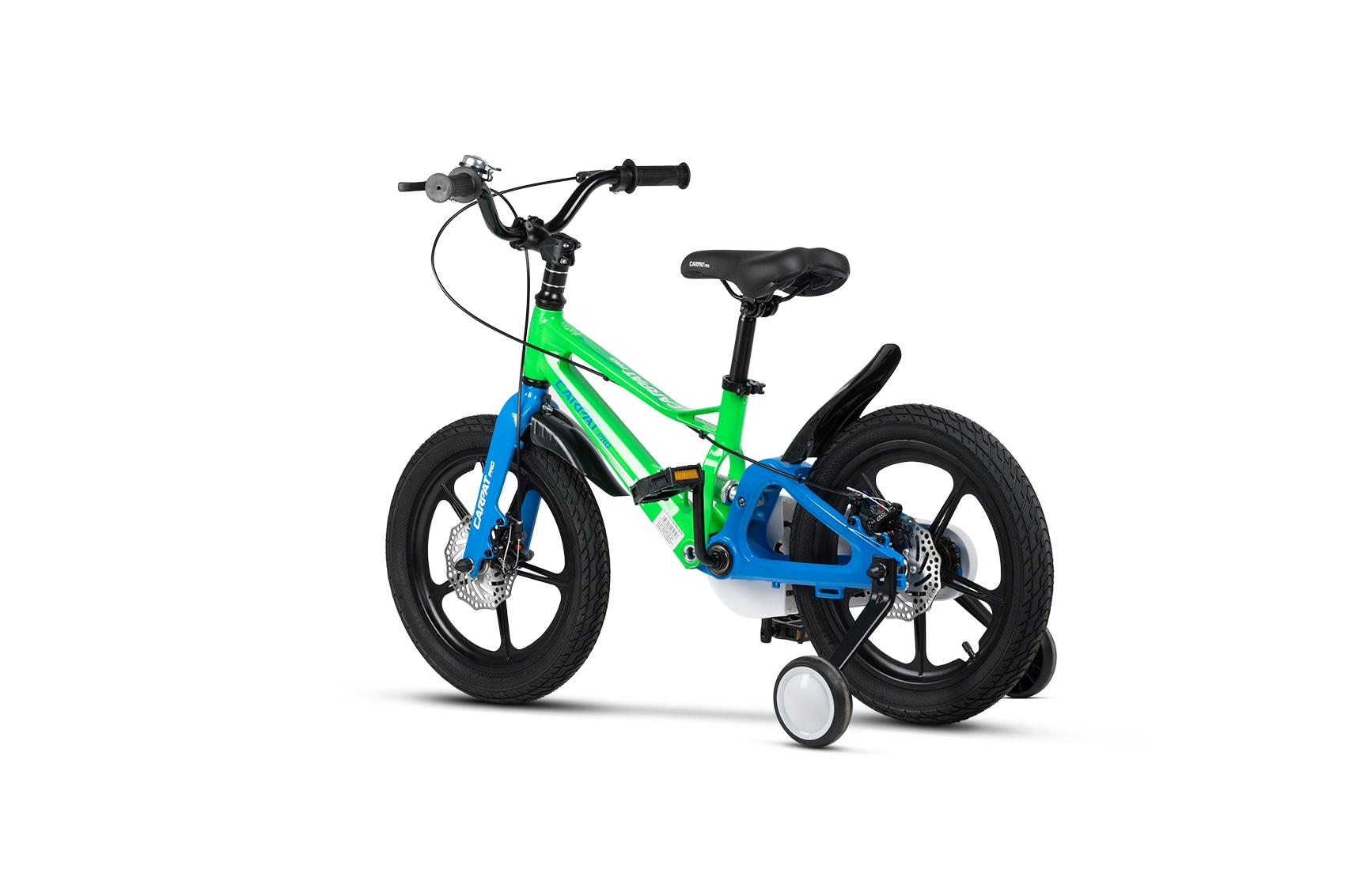 Bicicleta MTB de munte pentru copii 4-6 ani Mid Suspension Carpat Pro JSX16144, cadru din Aluminiu cu cabluri integrate, suspensie spate, roata 16 inch, frana pe disc, roti ajutatoare, verde cu albastru