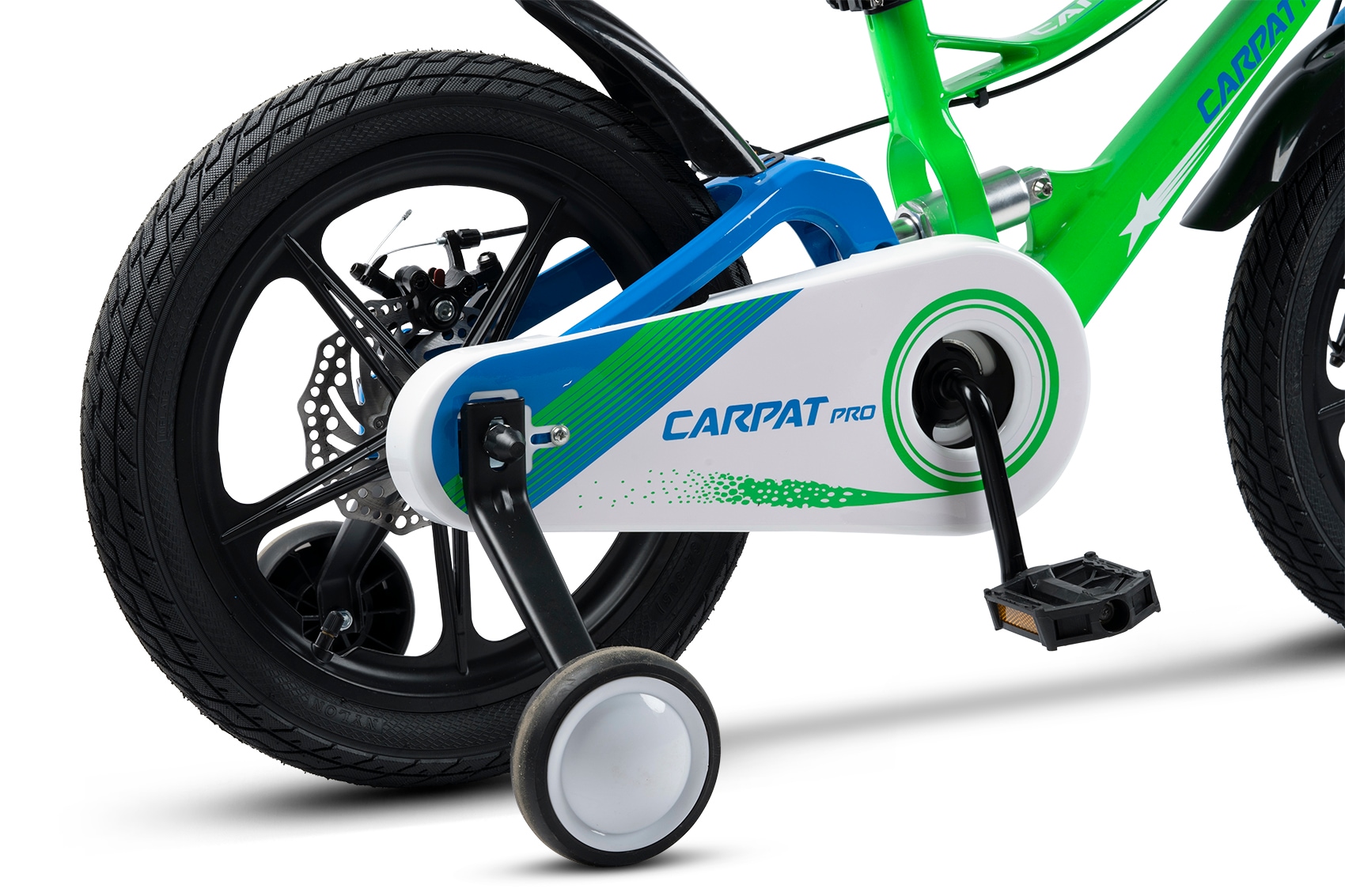 Bicicleta MTB de munte pentru copii 4-6 ani Mid Suspension Carpat Pro JSX16144, cadru din Aluminiu cu cabluri integrate, suspensie spate, roata 16 inch, frana pe disc, roti ajutatoare, verde cu albastru