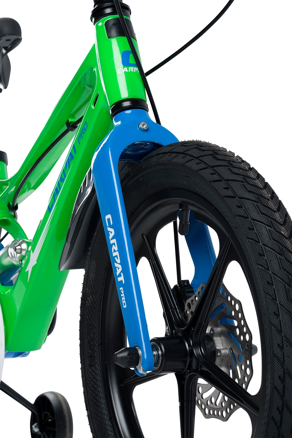 Bicicleta MTB de munte pentru copii 4-6 ani Mid Suspension Carpat Pro JSX16144, cadru din Aluminiu cu cabluri integrate, suspensie spate, roata 16 inch, frana pe disc, roti ajutatoare, verde cu albastru