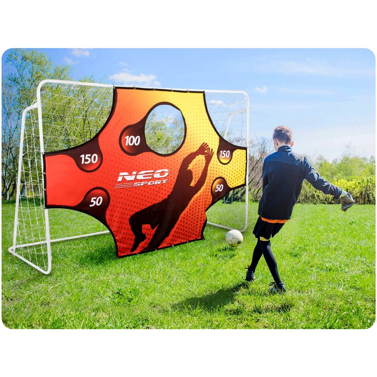 Poarta de fotbal DacEnergy, cadru din otel, plasa din polietilena, tinta pentru antrenament, 6 cuie de fixare, 245 x 155 x 80 cm