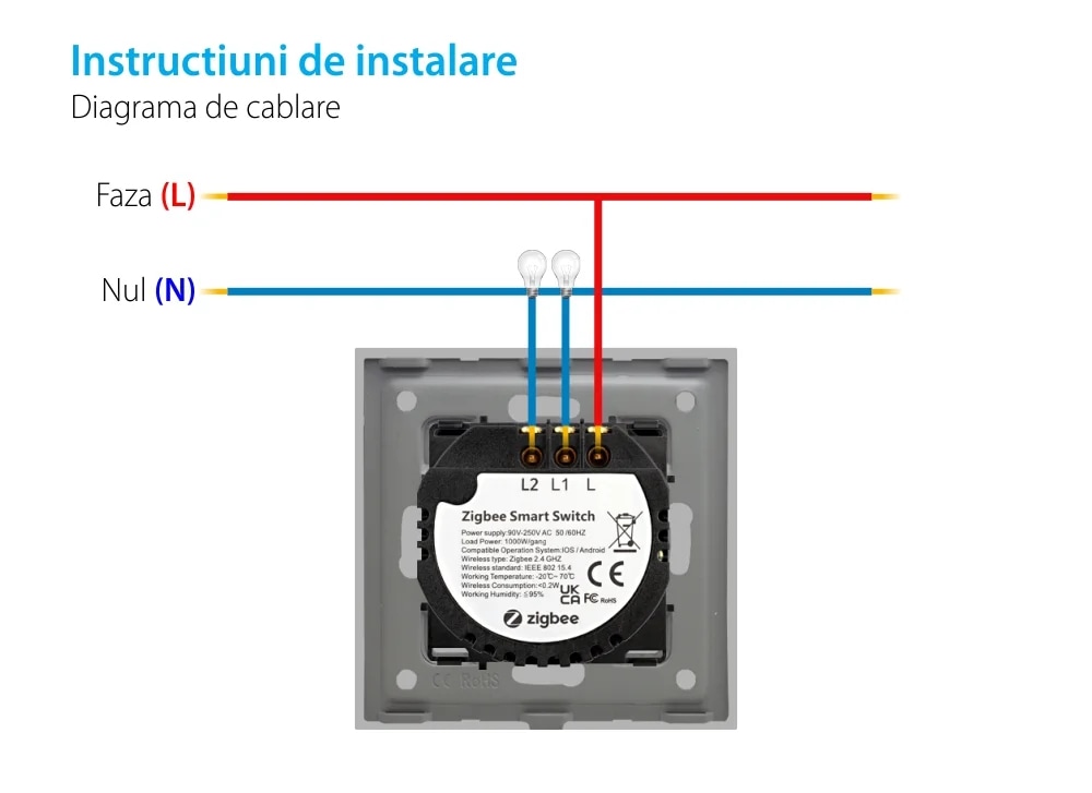 Intrerupator Dublu cu Touch din Sticla LUXION, protocol ZigBee, Gri