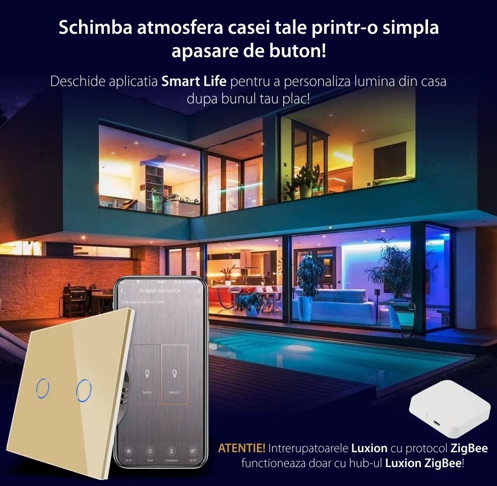 Intrerupator Dublu cu Touch din Sticla LUXION, protocol ZigBee, Gri