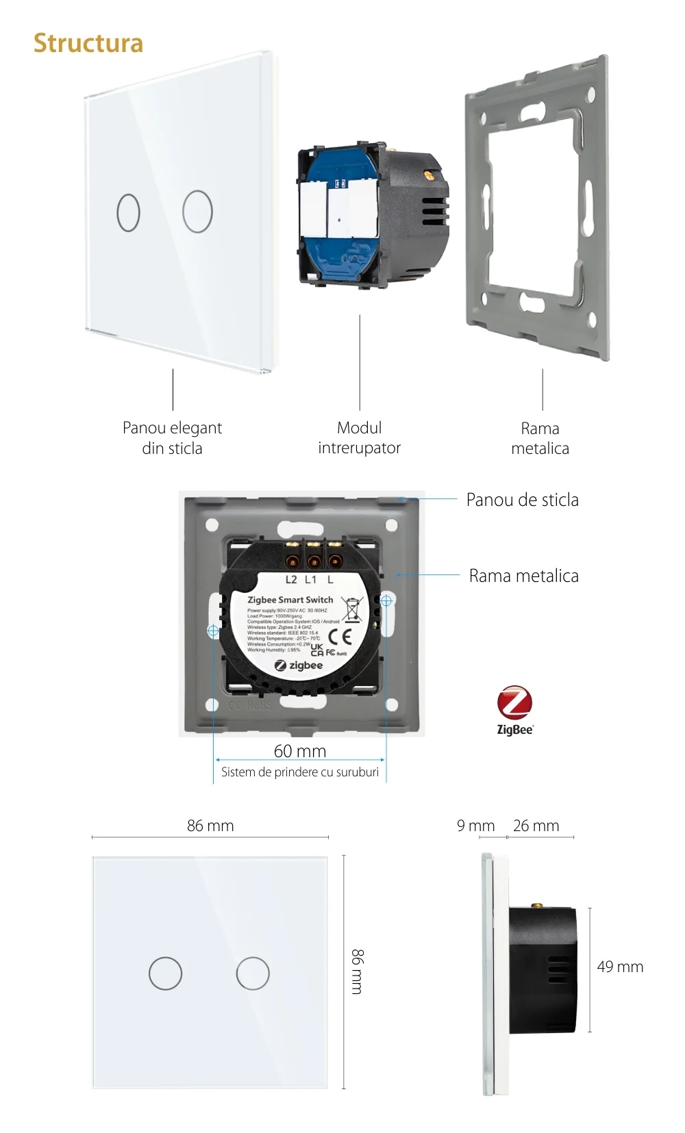 Intrerupator Dublu cu Touch din Sticla LUXION, protocol ZigBee, Gri