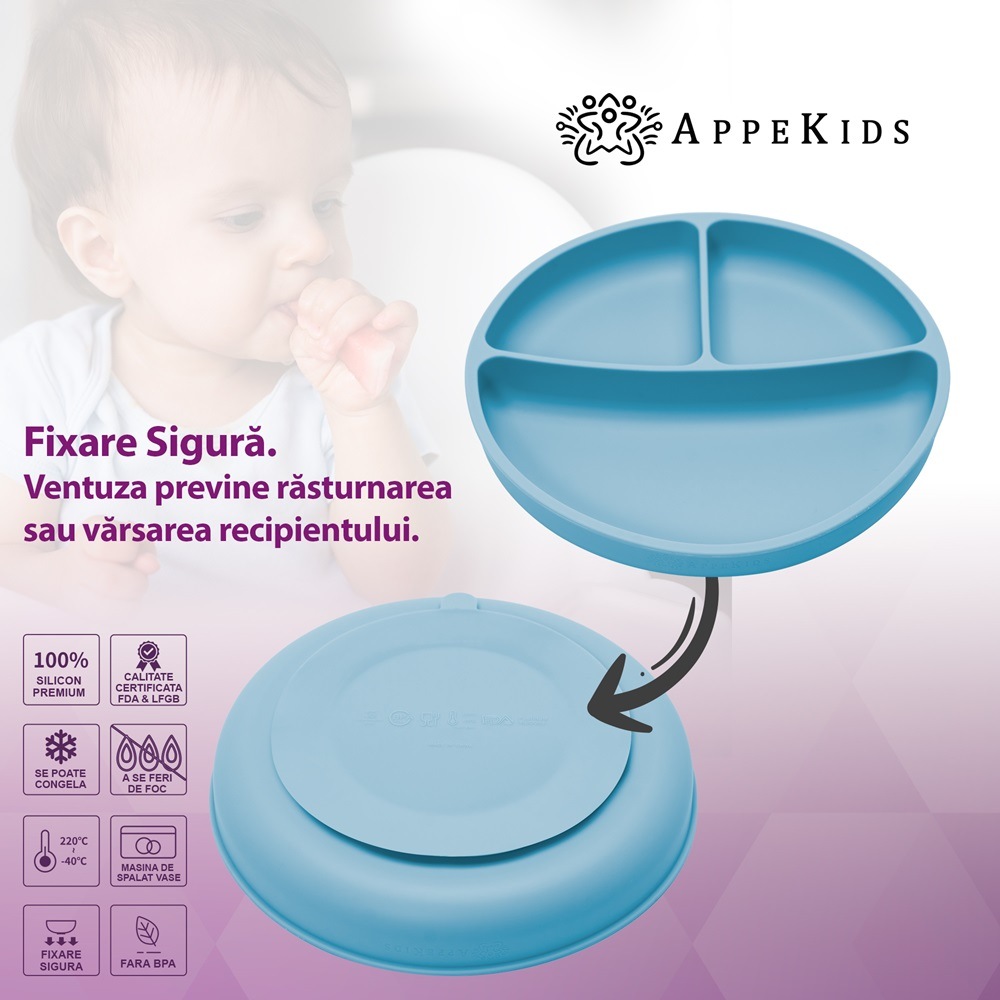 Farfurie din silicon cu ventuza, AppeKids - Aqua Blue