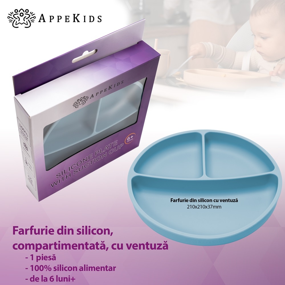 Farfurie din silicon cu ventuza, AppeKids - Aqua Blue
