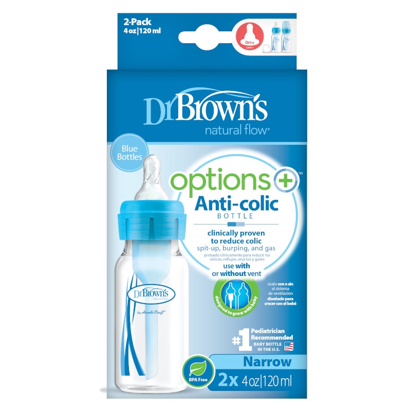 Pachet Biberoane Anti-Colici cu Gat Ingust "Options Plus" PP, 120 ml. (2 pack), Albastru