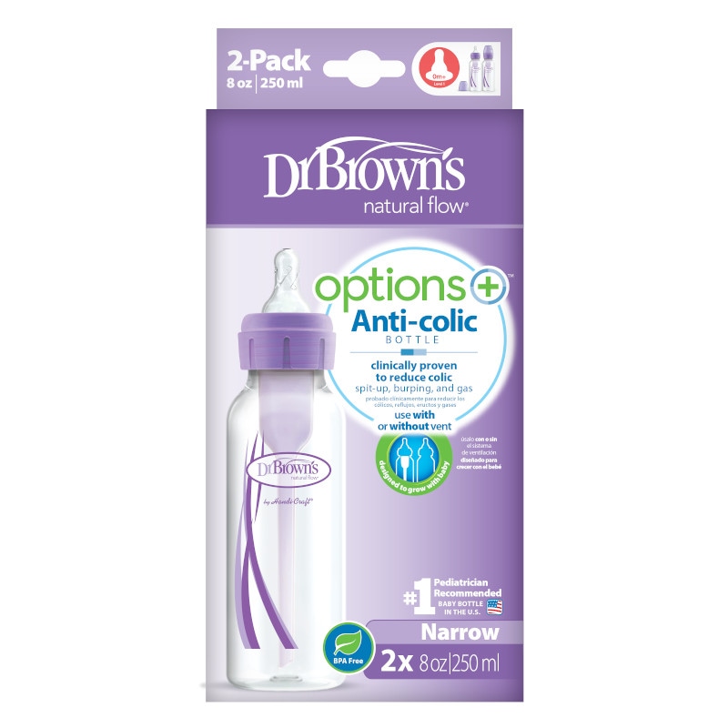 Pachet Biberoane Anti-Colici cu Gat Ingust Options Plus  PP, 250 ml. (2 pack) Violet