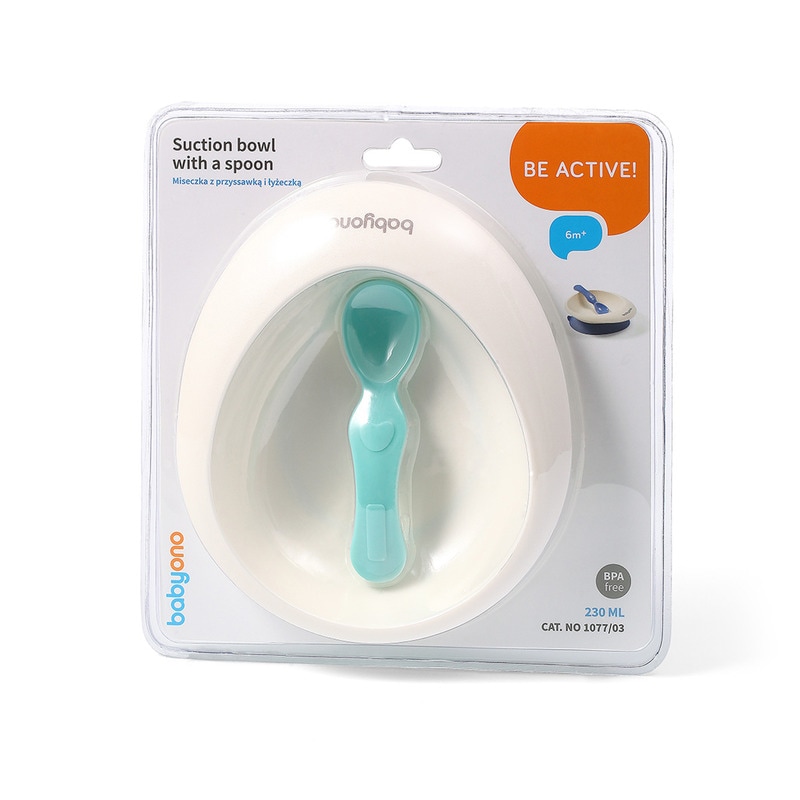 Set bol cu ventuza si lingura BabyOno, Plastic moale, Fara BPA, 230 ml, 6 luni+, Verde