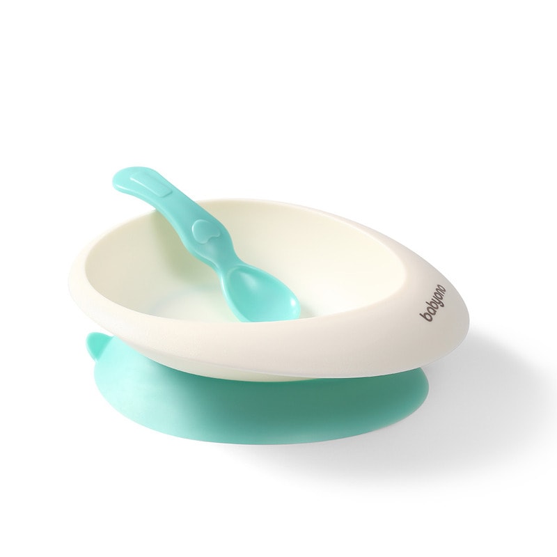 Set bol cu ventuza si lingura BabyOno, Plastic moale, Fara BPA, 230 ml, 6 luni+, Verde