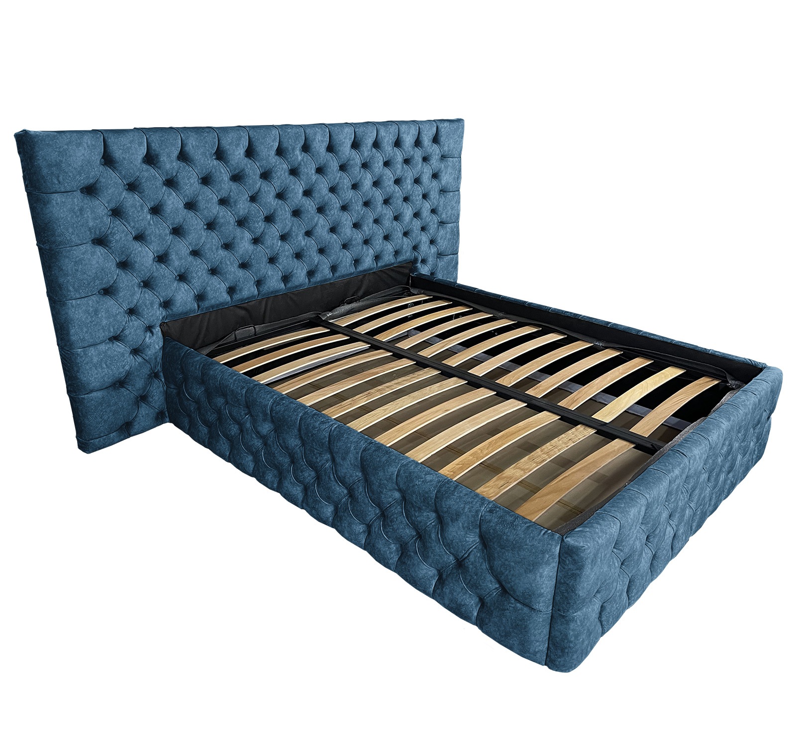 Pat dublu cu somiera, Beds Place, Cyntia wide Premium, bleumarin 140, 140x200 cm, H140