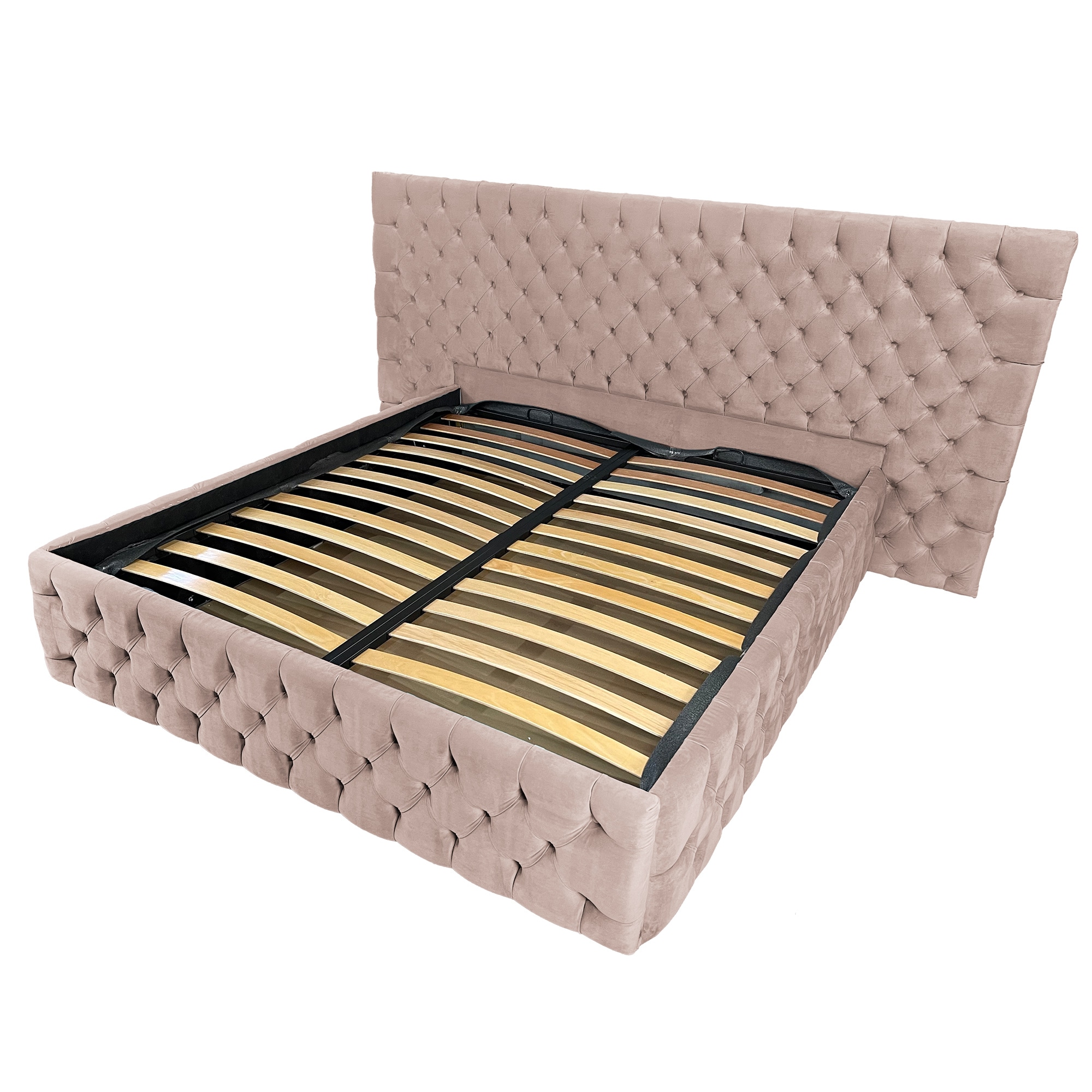 Pat dublu cu somiera, Beds Place, Cyntia wide Premium, Velvet Roz 61, 160x200 cm, H 150 cm