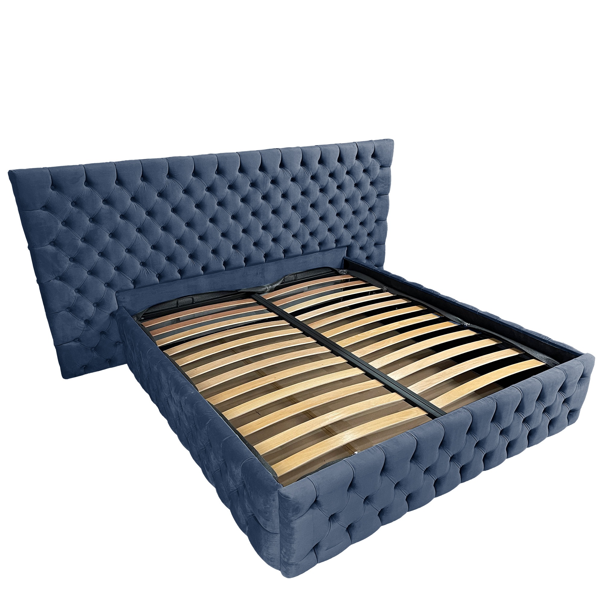 Pat tapitat cu somiera Beds Place, Cyntia wide Premium, Velvet Albastru 15, 140x200 cm, H 140 cm