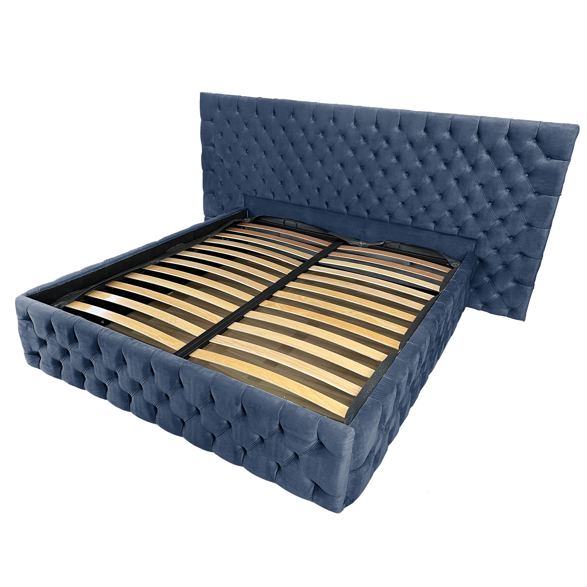 Pat tapitat cu somiera Beds Place, Cyntia wide Premium, Velvet Albastru 15, 200x200 cm, H 150 cm