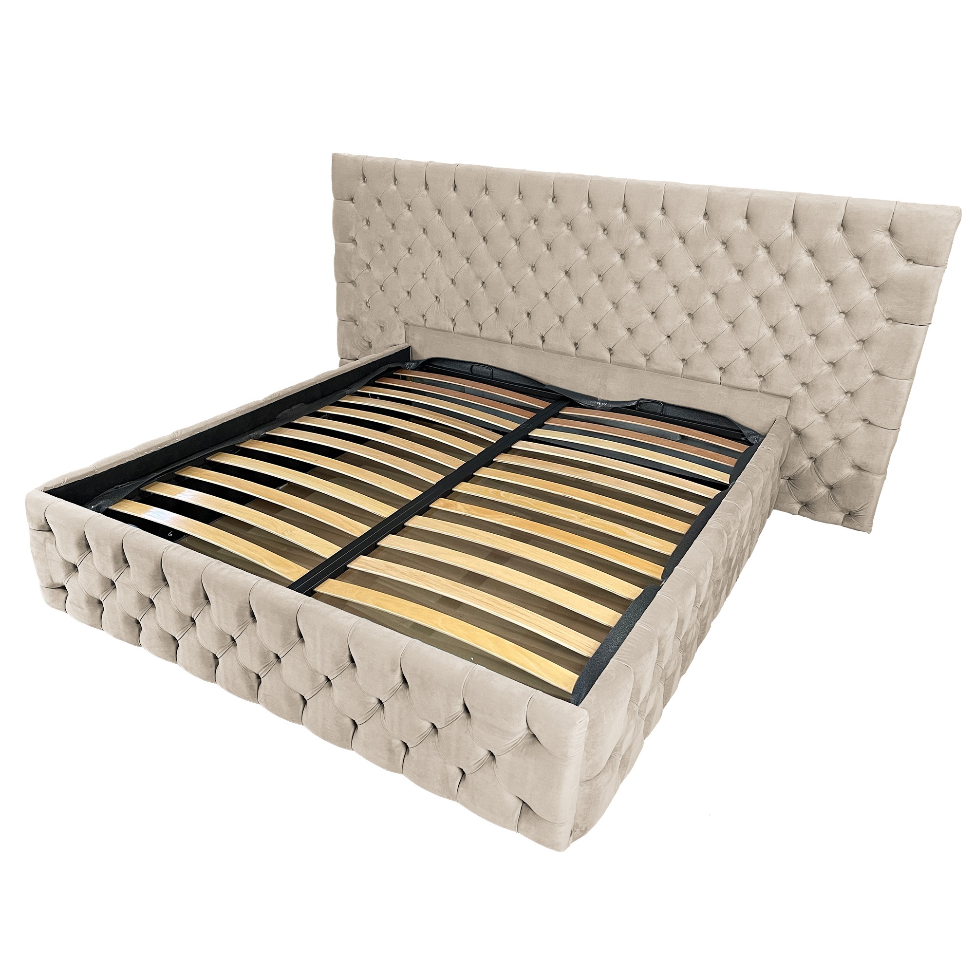 Pat tapitat cu somiera Beds Place, Cyntia wide Premium, Velvet Crem 03, 140x200 cm, H 120 cm