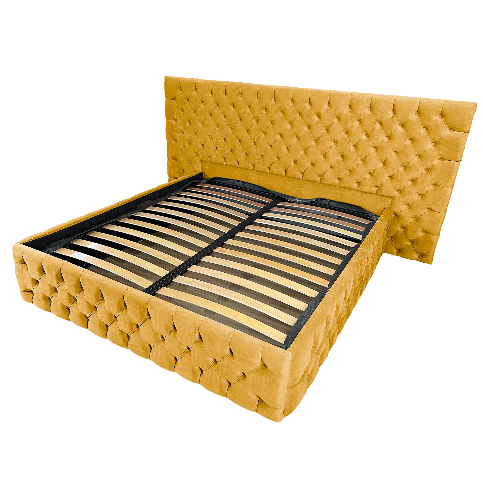 Pat tapitat cu somiera Beds Place, Cyntia wide Premium, Velvet Galben Mustar 10, 160x200 cm, H 150 cm
