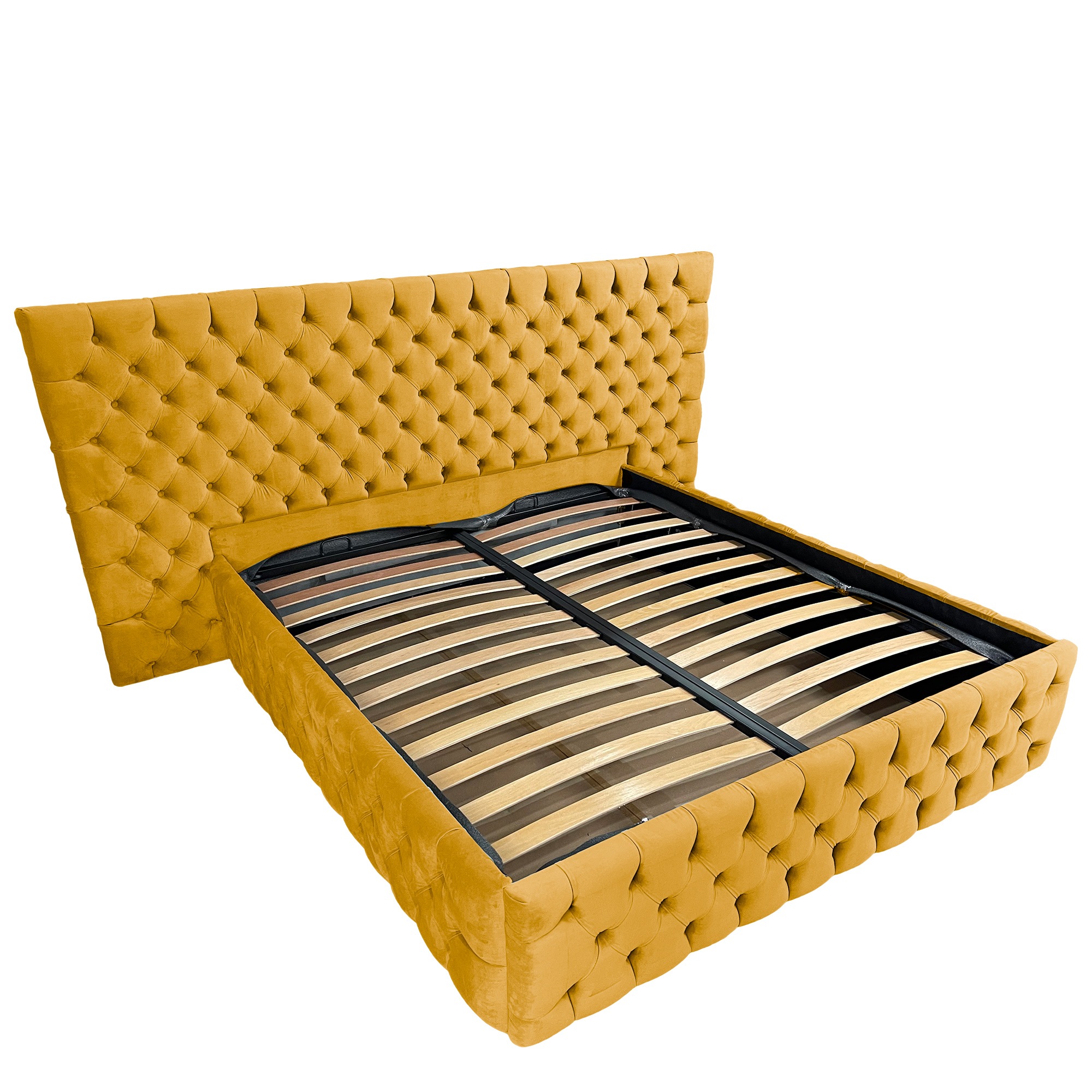 Pat tapitat cu somiera Beds Place, Cyntia wide Premium, Velvet Galben Mustar 10, 160x200 cm, H 150 cm