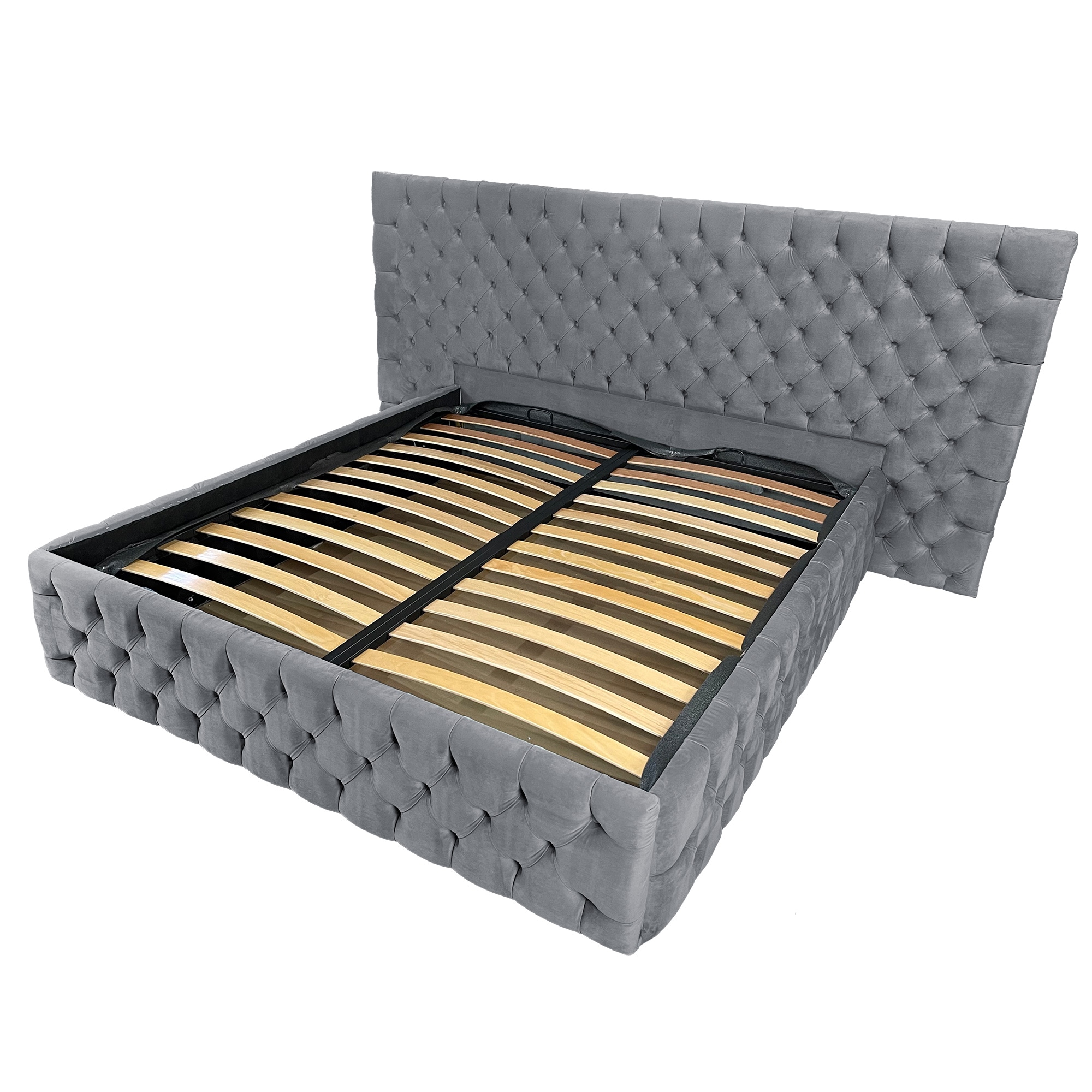 Pat tapitat cu somiera Beds Place, Cyntia wide Premium, Velvet Gri 19, 160x200 cm, H 140 cm