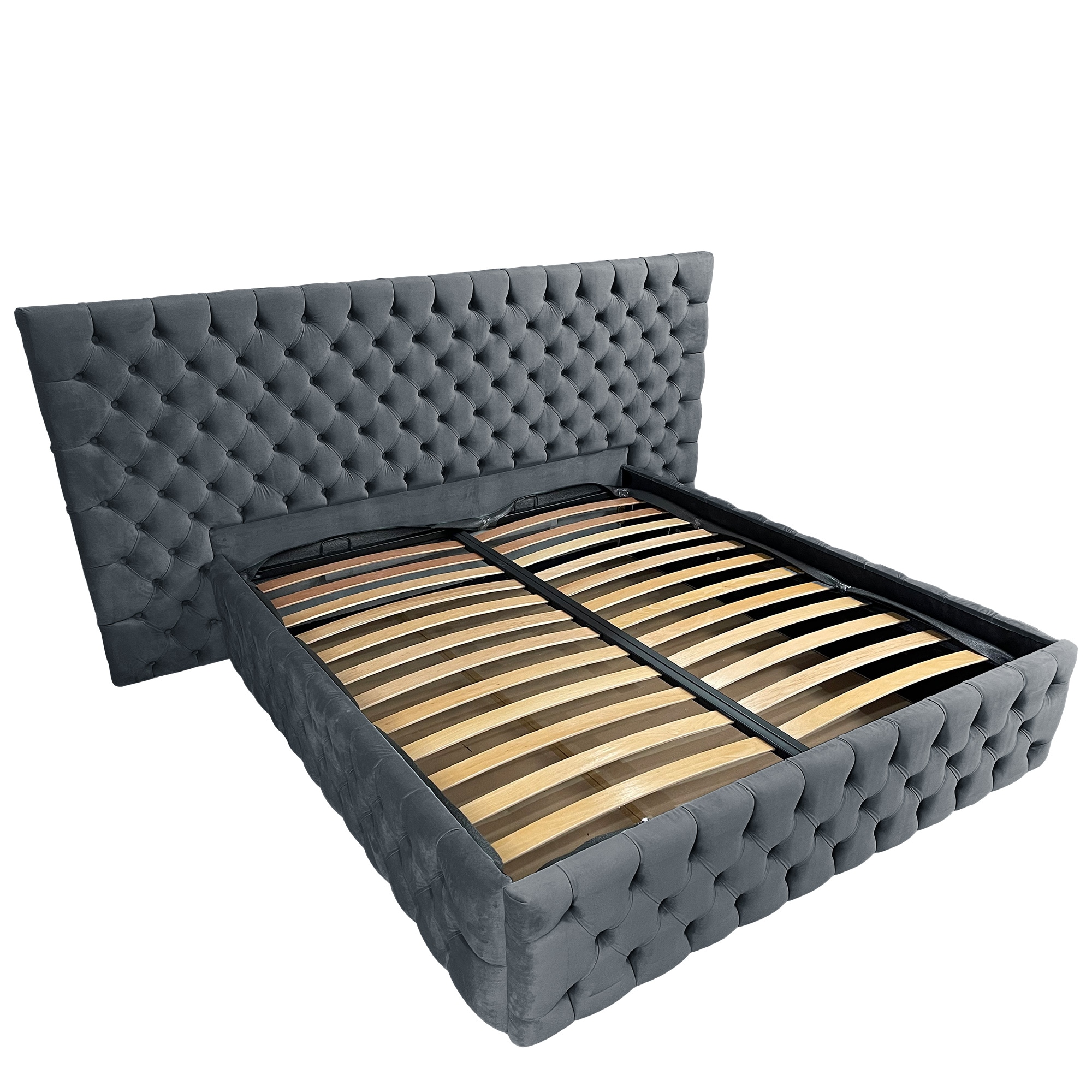 Pat tapitat cu somiera Beds Place, Cyntia wide Premium, Velvet Gri 20, 120x200 cm, H 140 cm