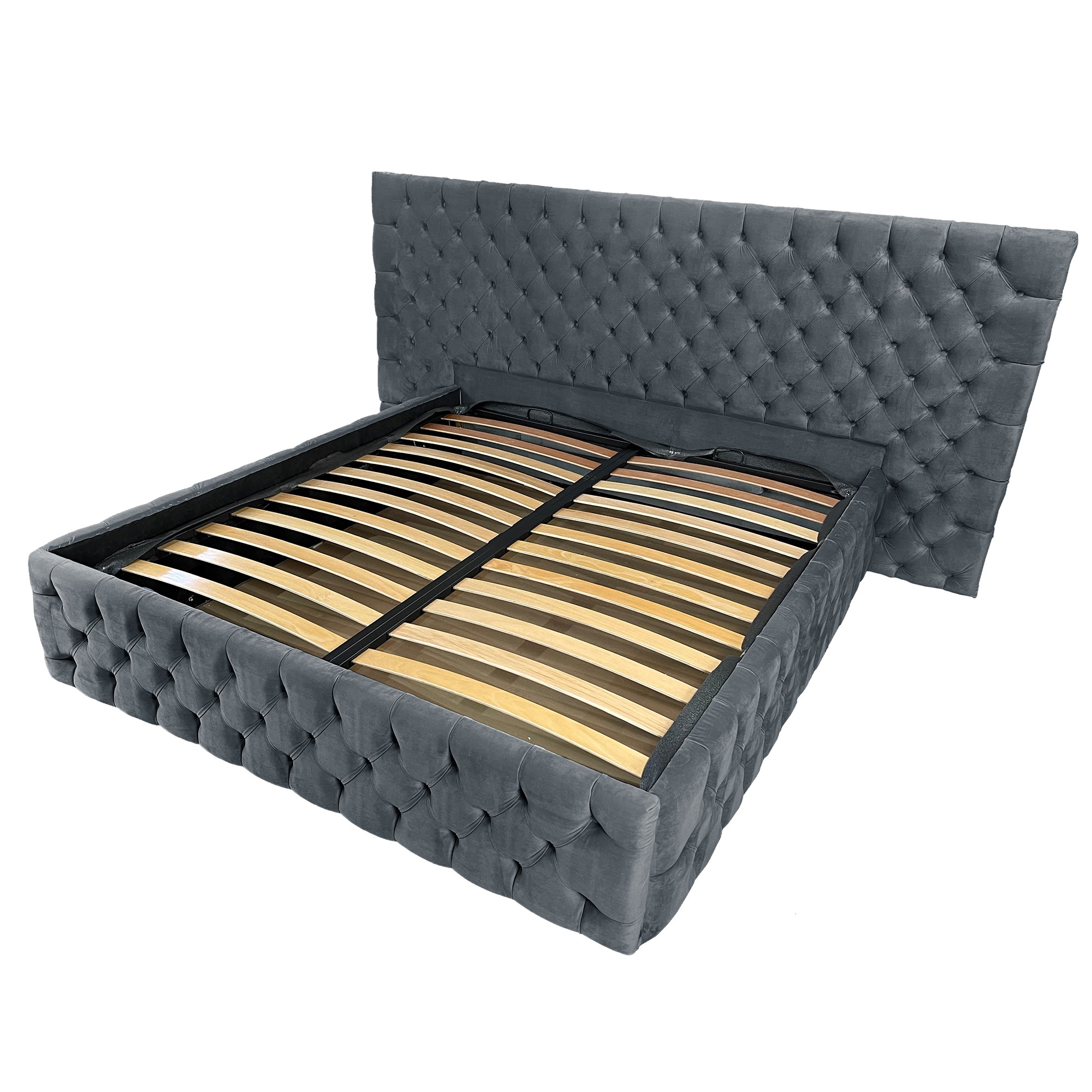 Pat tapitat cu somiera Beds Place, Cyntia wide Premium, Velvet Gri 20, 120x200 cm, H 150 cm