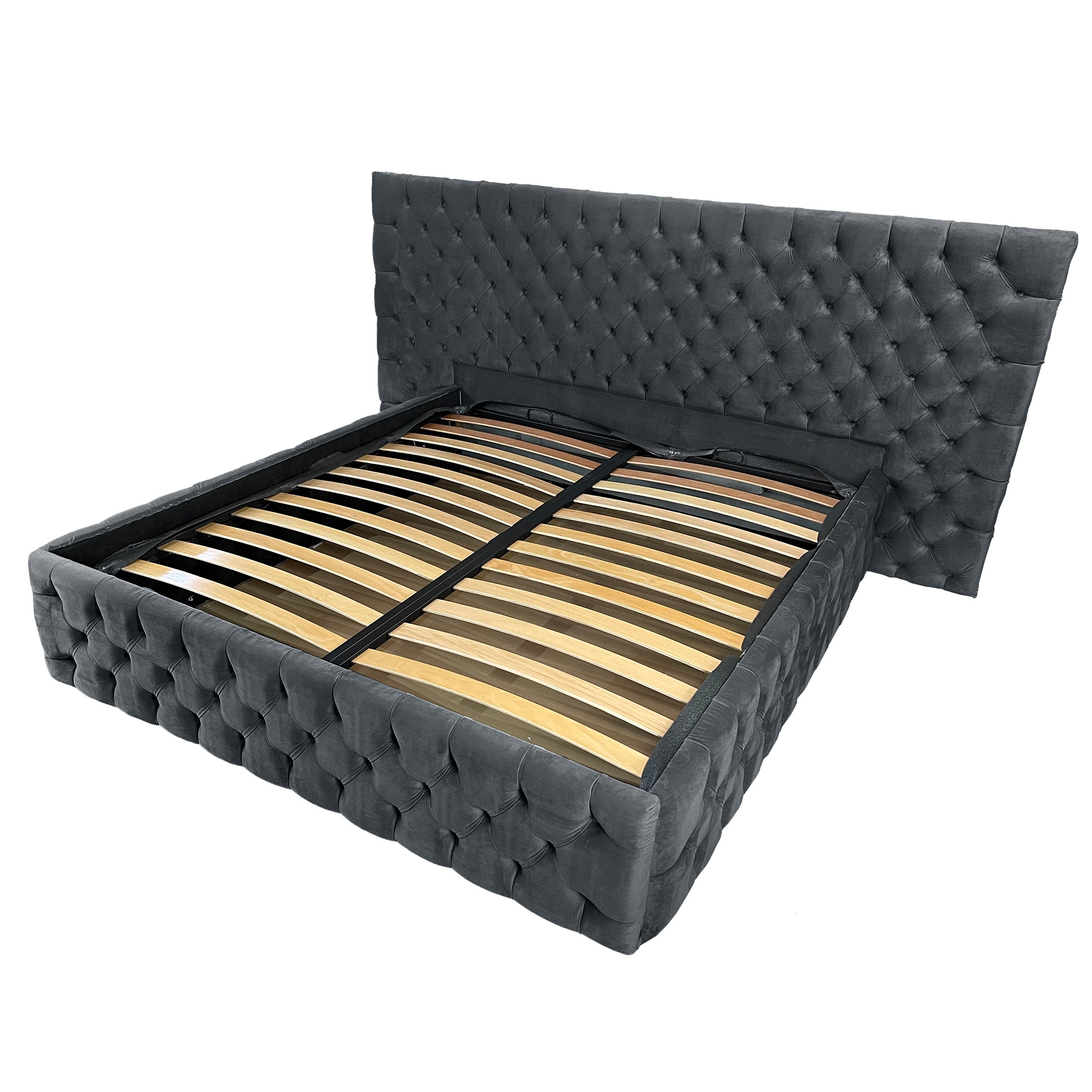 Pat tapitat cu somiera Beds Place, Cyntia wide Premium, Velvet Gri Antracit 21, 160x200 cm, H 150 cm