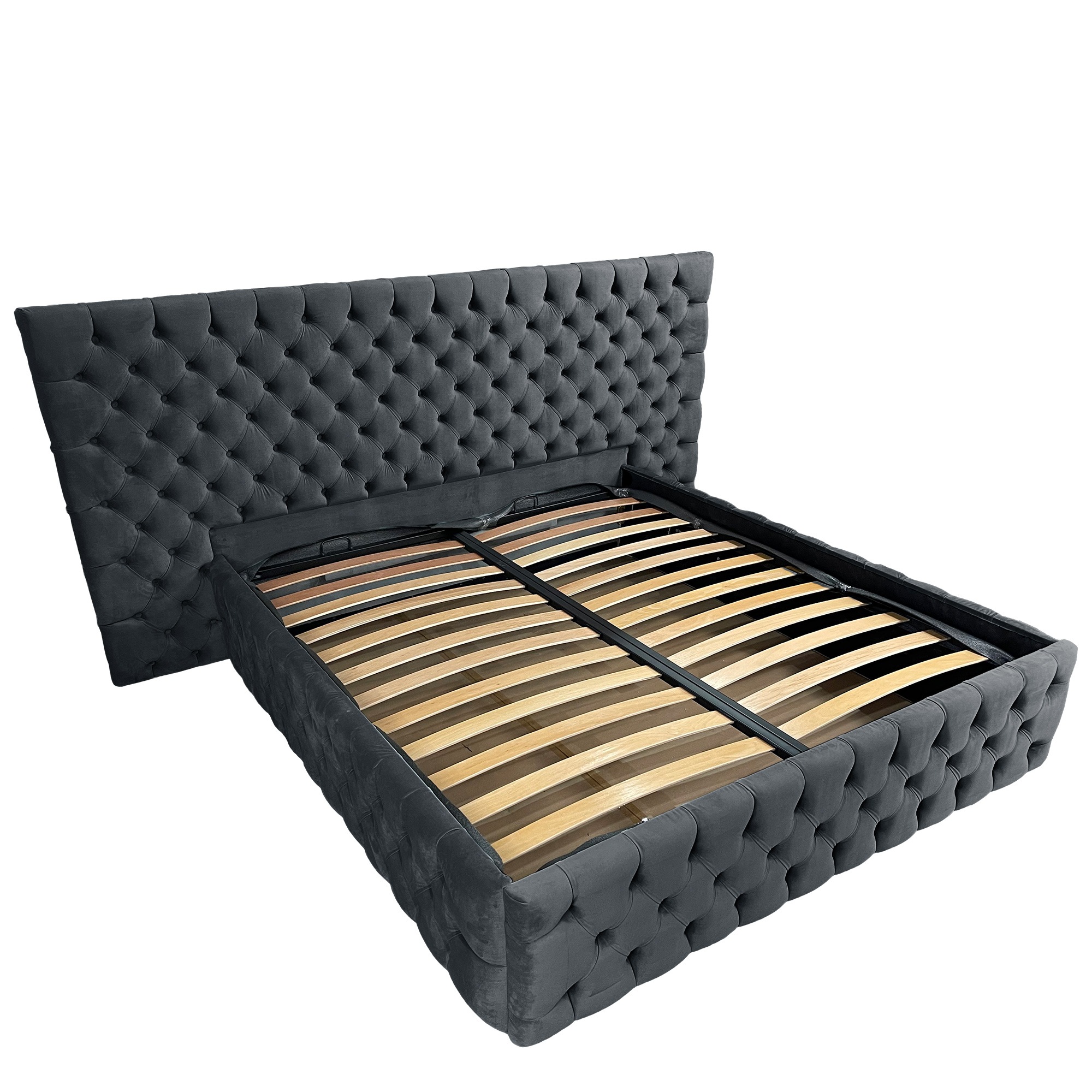 Pat tapitat cu somiera Beds Place, Cyntia wide Premium, Velvet Gri Antracit 21, 200x200 cm, H 130 cm