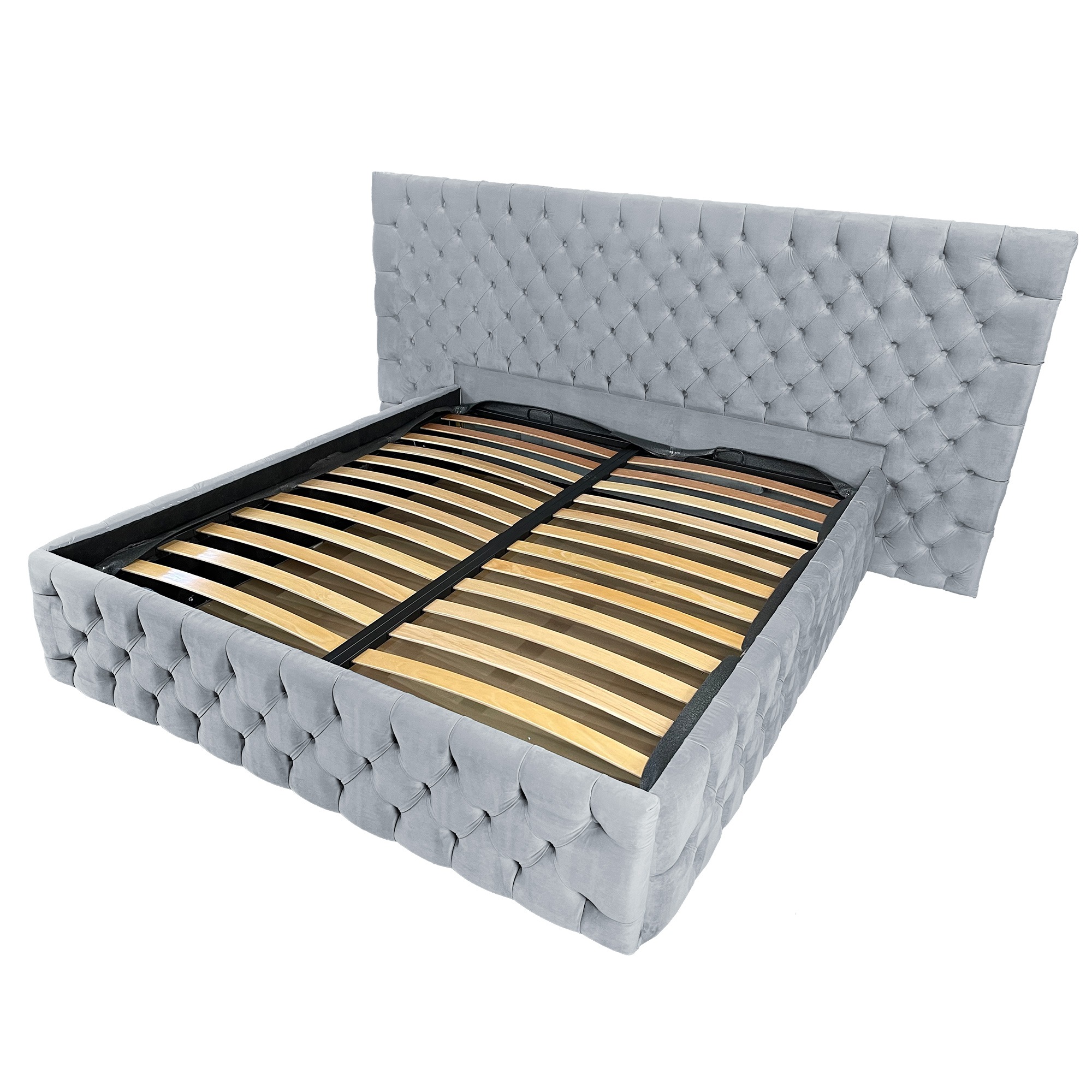 Pat tapitat cu somiera Beds Place, Cyntia wide Premium, Velvet Gri deschis 18, 180x200 cm, H 140 cm
