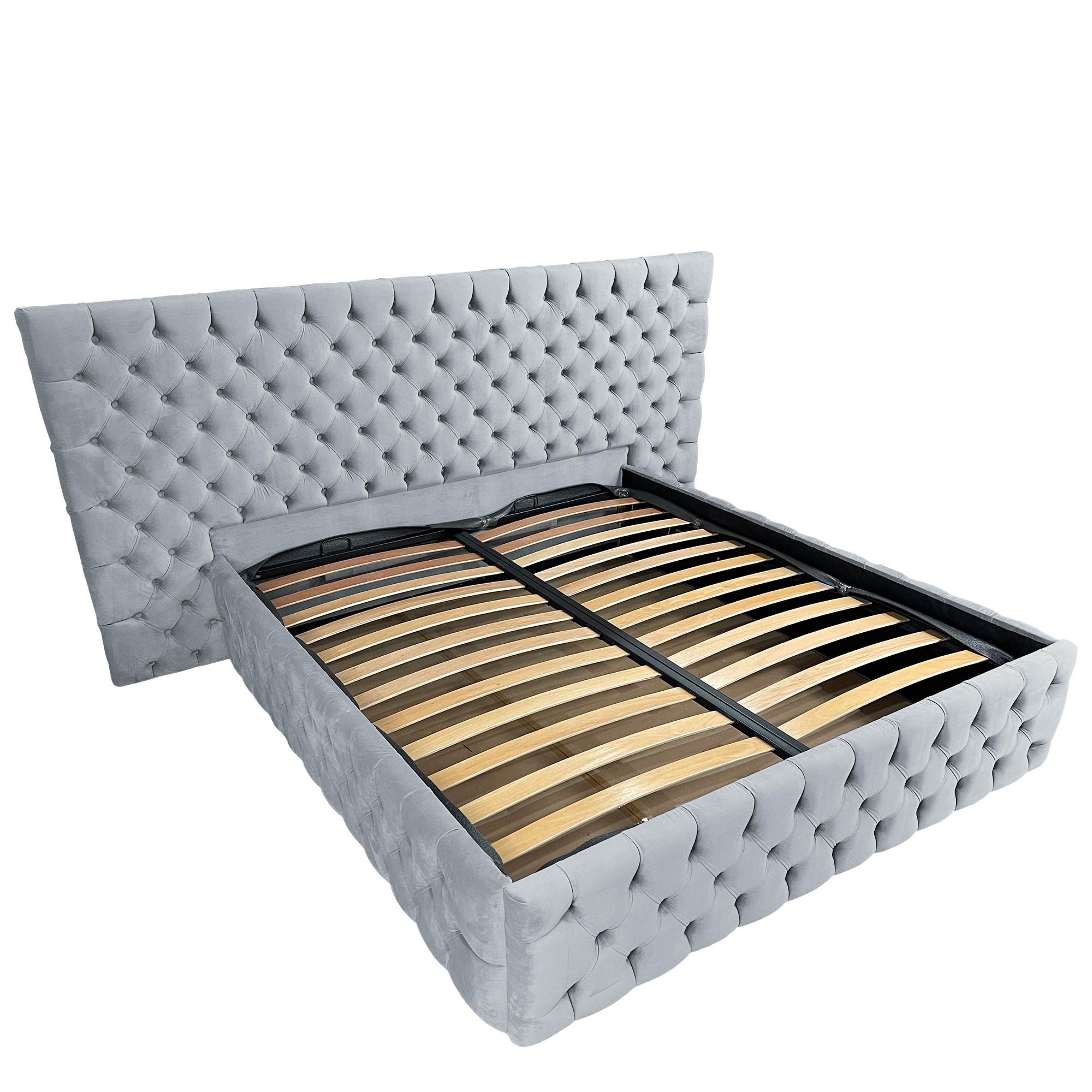 Pat tapitat cu somiera Beds Place, Cyntia wide Premium, Velvet Gri deschis 18, 180x200 cm, H 140 cm