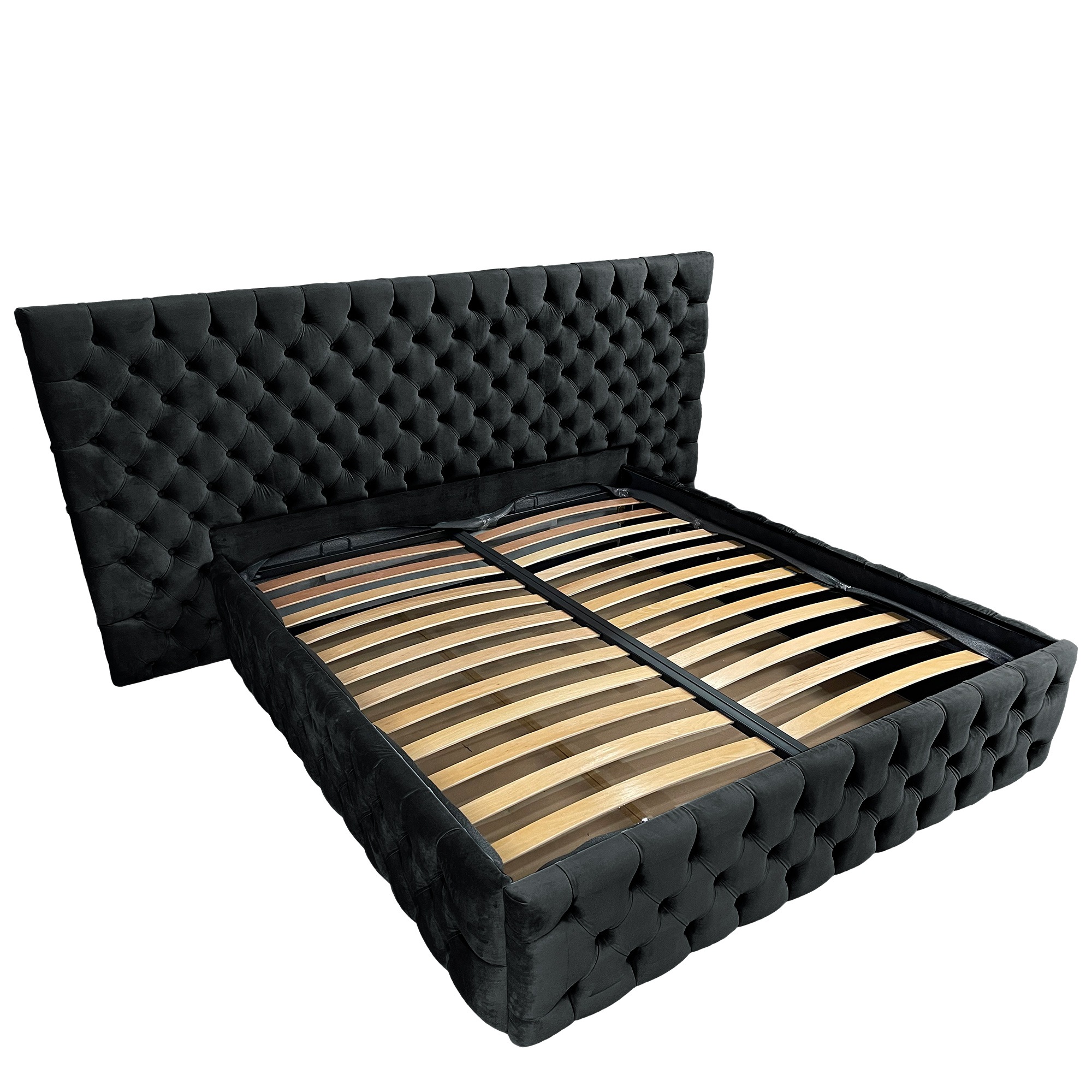 Pat tapitat cu somiera Beds Place, Cyntia wide Premium, Velvet Negru 22, 160x200 cm, H 110 cm