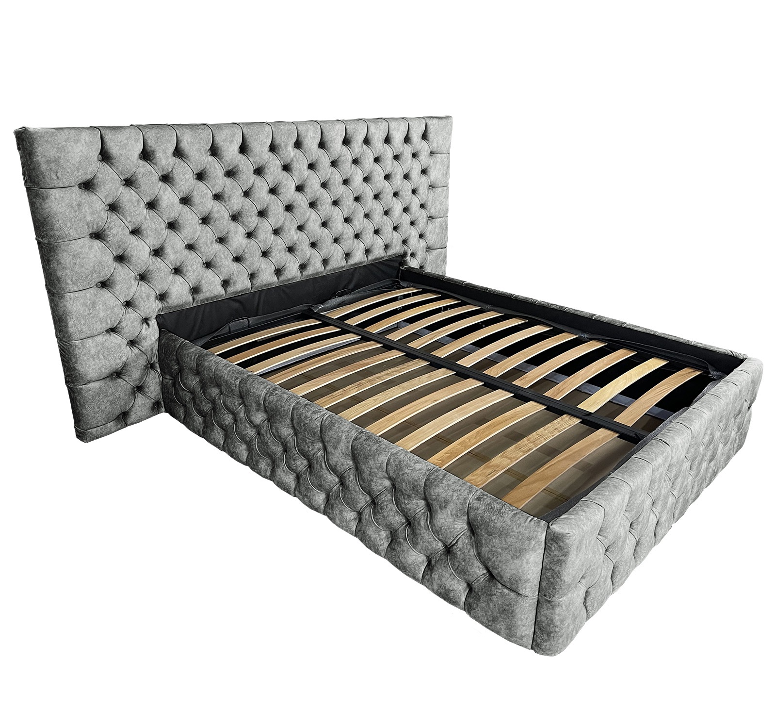 Pat tapitat cu somiera Beds Place, Cyntia wide Premium, gri 690, 140x200 cm, H115