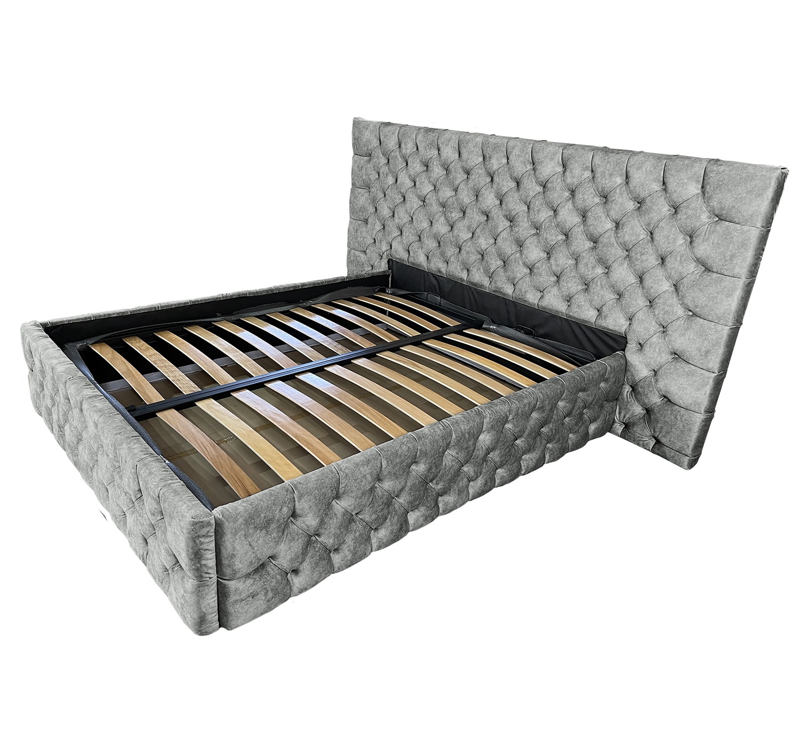 Pat tapitat cu somiera Beds Place, Cyntia wide Premium, gri 690, 140x200 cm, H115