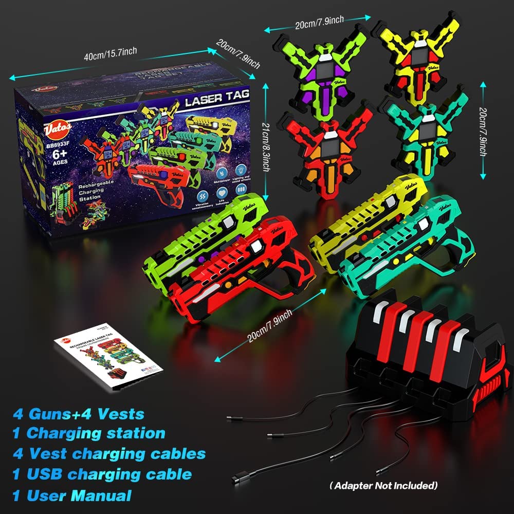 Set pistol infrared Laser Tag cu 4 pistoale reincarcabile, 4 veste, statie de incarcare, pentru interior si exterior, cu functie vibratie si efecte sonore