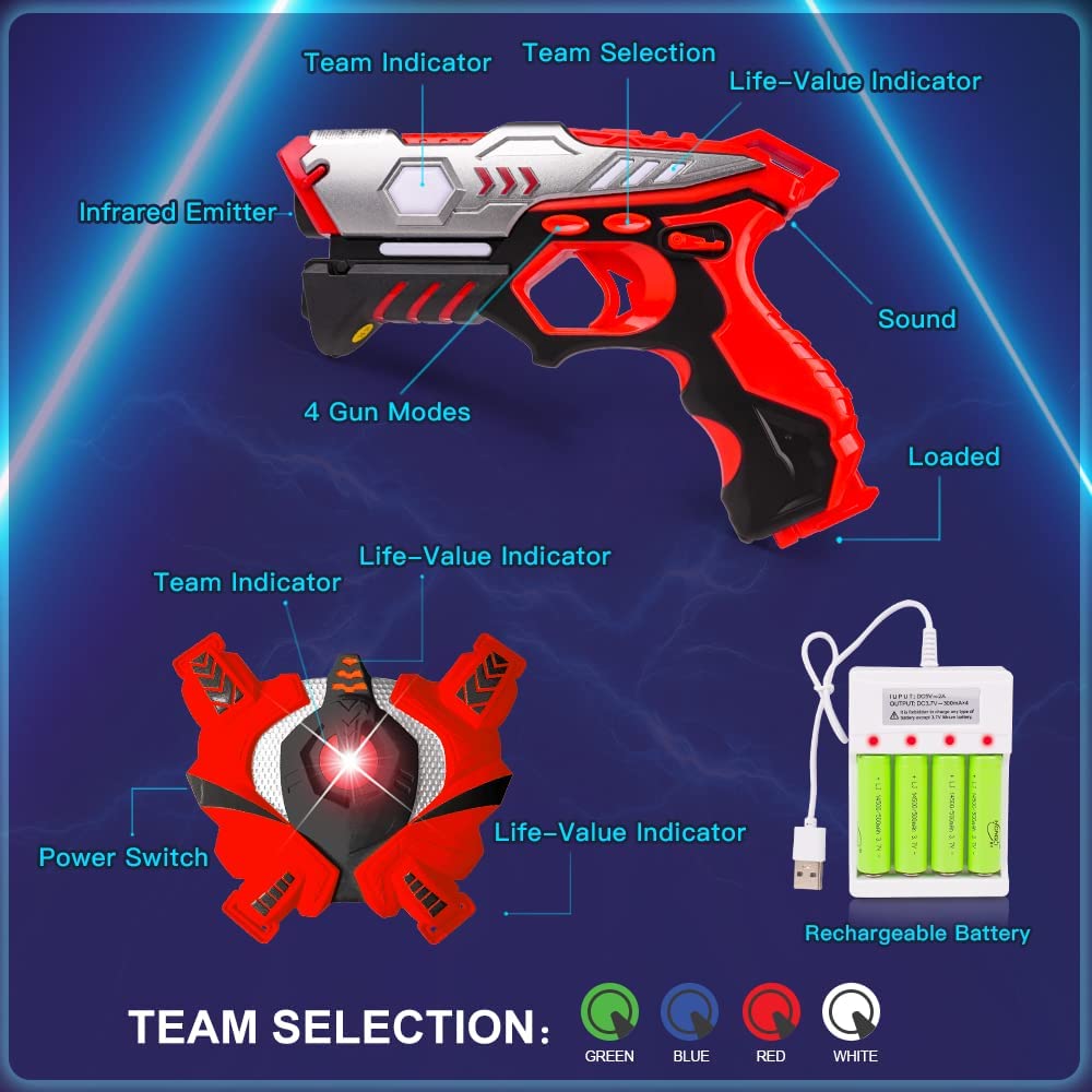 Set pistol Infrared Laser tag cu 4 pistoale, 4 veste, 8 baterii reincarcabile si 2 incarcatoare, interactiv, cu infrarosu, functie vibratie, efecte sonore si lumina LED