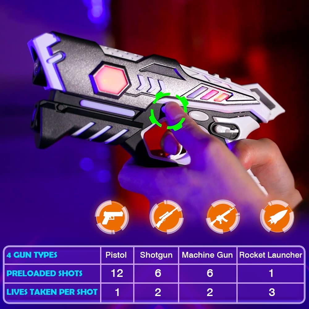 Set pistol Infrared Laser tag cu 4 pistoale, 4 veste, 8 baterii reincarcabile si 2 incarcatoare, interactiv, cu infrarosu, functie vibratie, efecte sonore si lumina LED