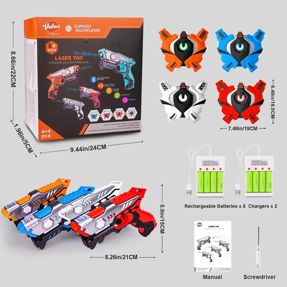 Set pistol Infrared Laser tag cu 4 pistoale, 4 veste, 8 baterii reincarcabile si 2 incarcatoare, interactiv, cu infrarosu, functie vibratie, efecte sonore si lumina LED