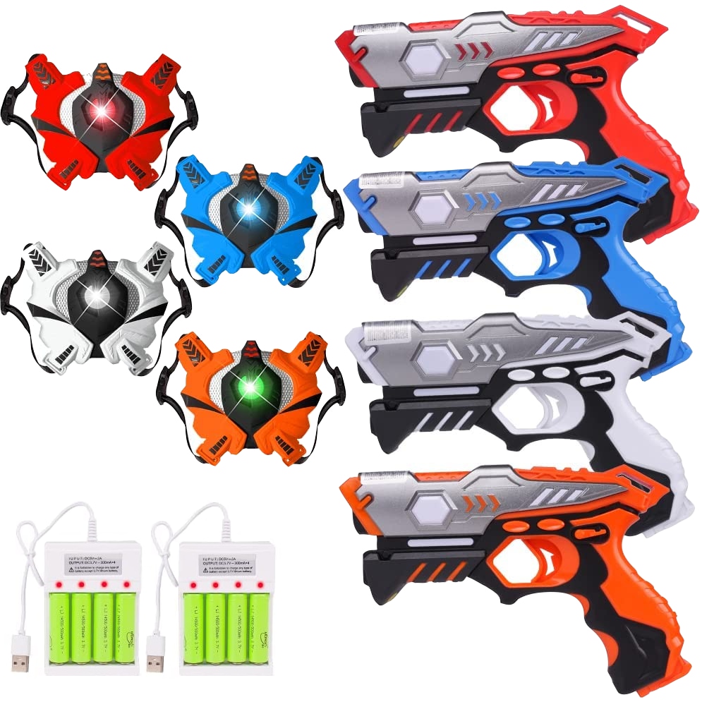 Set pistol Infrared Laser tag cu 4 pistoale, 4 veste, 8 baterii reincarcabile si 2 incarcatoare, interactiv, cu infrarosu, functie vibratie, efecte sonore si lumina LED