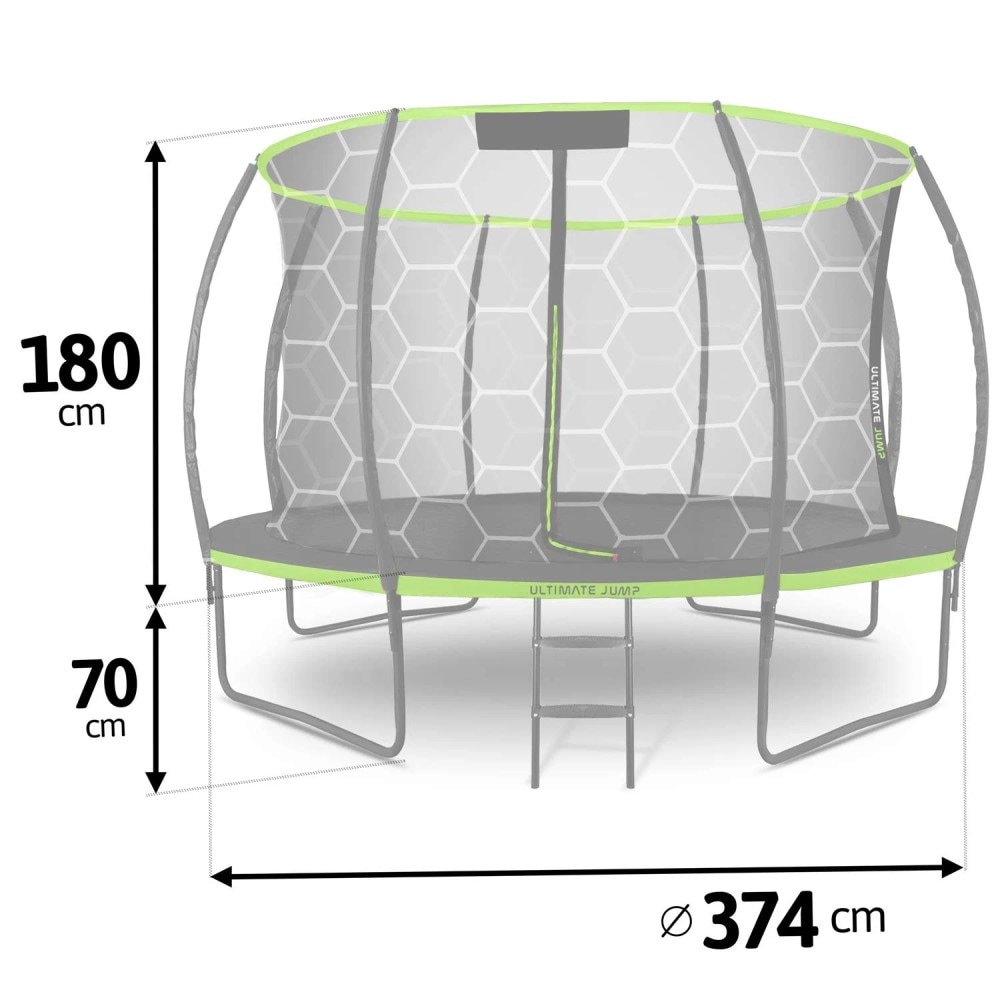 Trambulina de gradina DacEnergy,cu 4 picioare duble,scara metalica cu trepte late,plasa interna,intrarea in forma de L, cu fermoar si catarama,374 cm,negru si verde