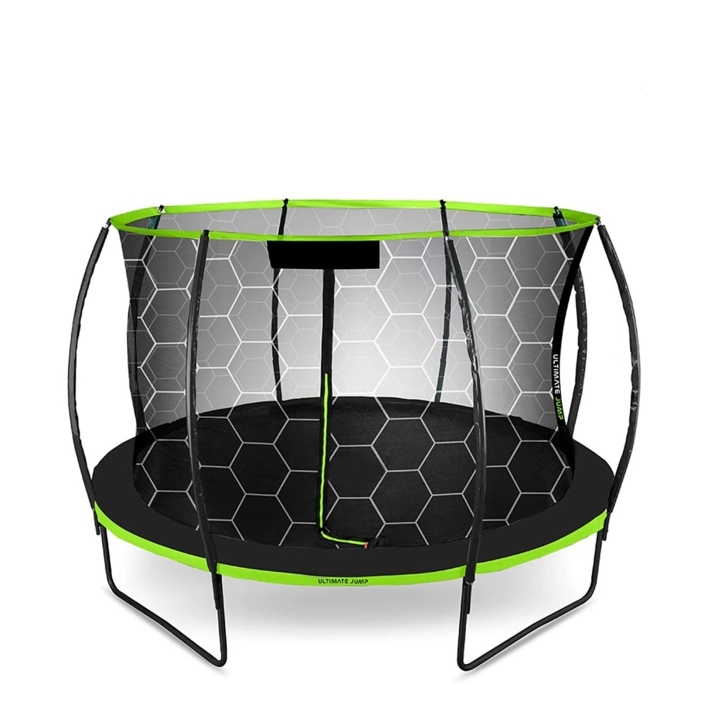 Trambulina de gradina DacEnergy,cu 4 picioare duble,scara metalica cu trepte late,plasa interna,intrarea in forma de L, cu fermoar si catarama,374 cm,negru si verde