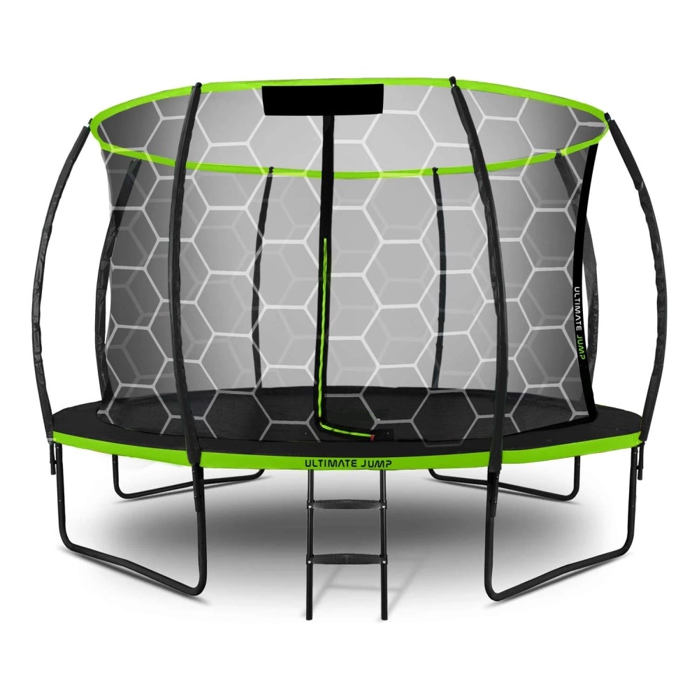 Trambulina de gradina DacEnergy,cu 4 picioare duble,scara metalica cu trepte late,plasa interna,intrarea in forma de L, cu fermoar si catarama,374 cm,negru si verde