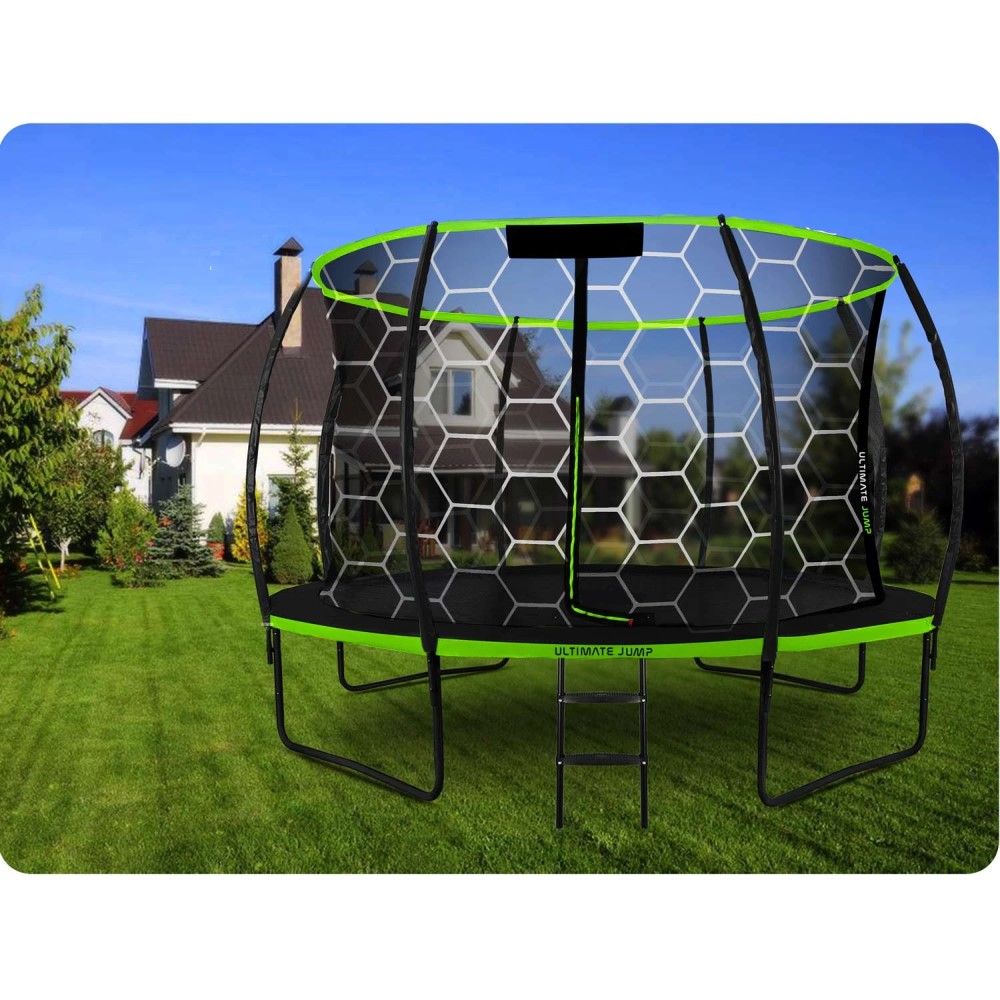 Trambulina de gradina DacEnergy,cu 4 picioare duble,scara metalica cu trepte late,plasa interna,intrarea in forma de L, cu fermoar si catarama,374 cm,negru si verde