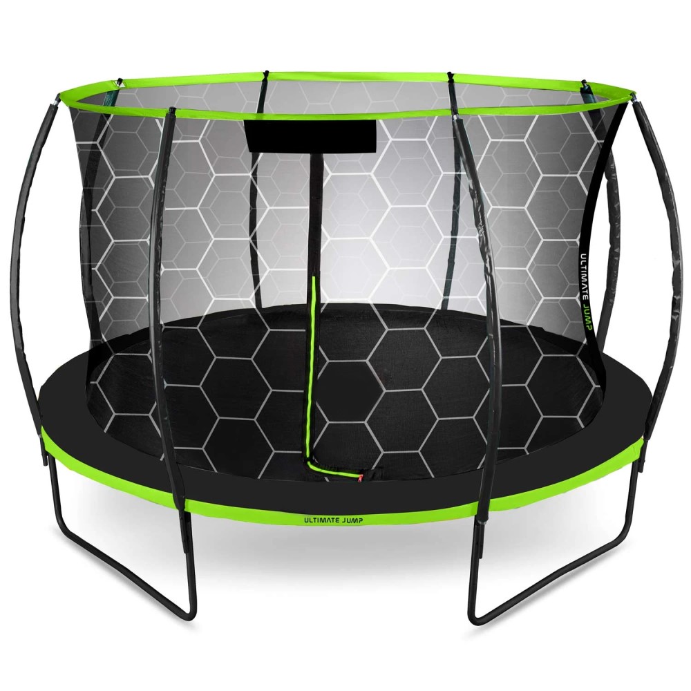 Trambulina de gradina DacEnergy,cu 4 picioare duble,scara metalica cu trepte late,plasa interna,intrarea in forma de L, cu fermoar si catarama,374 cm,negru si verde