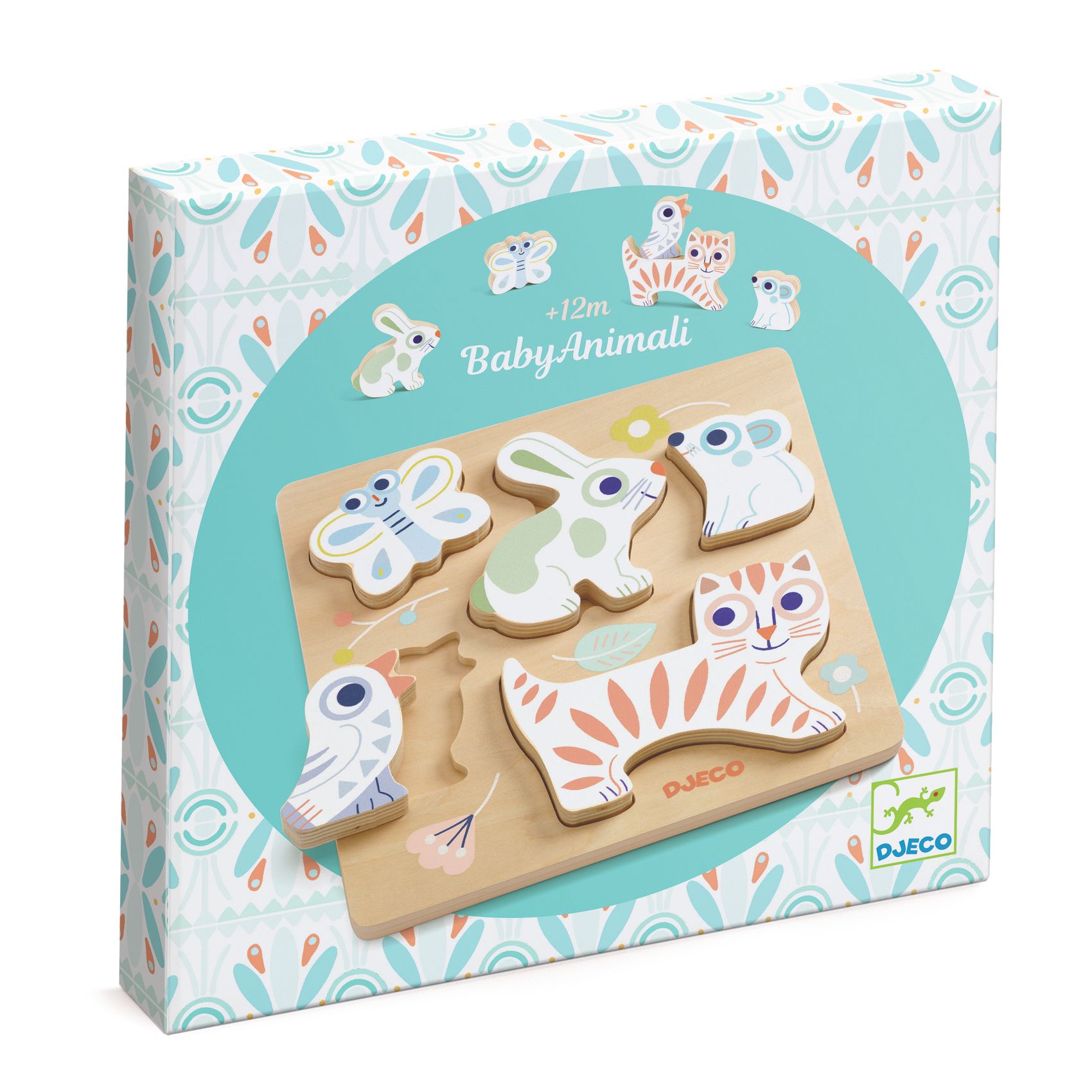 Puzzle lemn Djeco, BabyAnimali, + 1 an, 5 piese