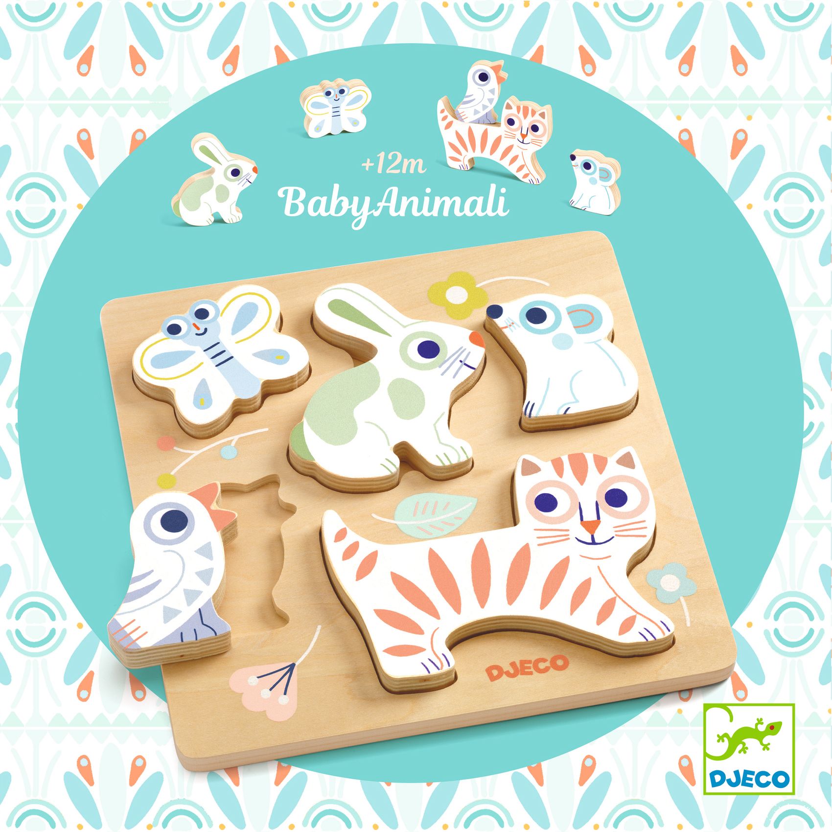 Puzzle lemn Djeco, BabyAnimali, + 1 an, 5 piese
