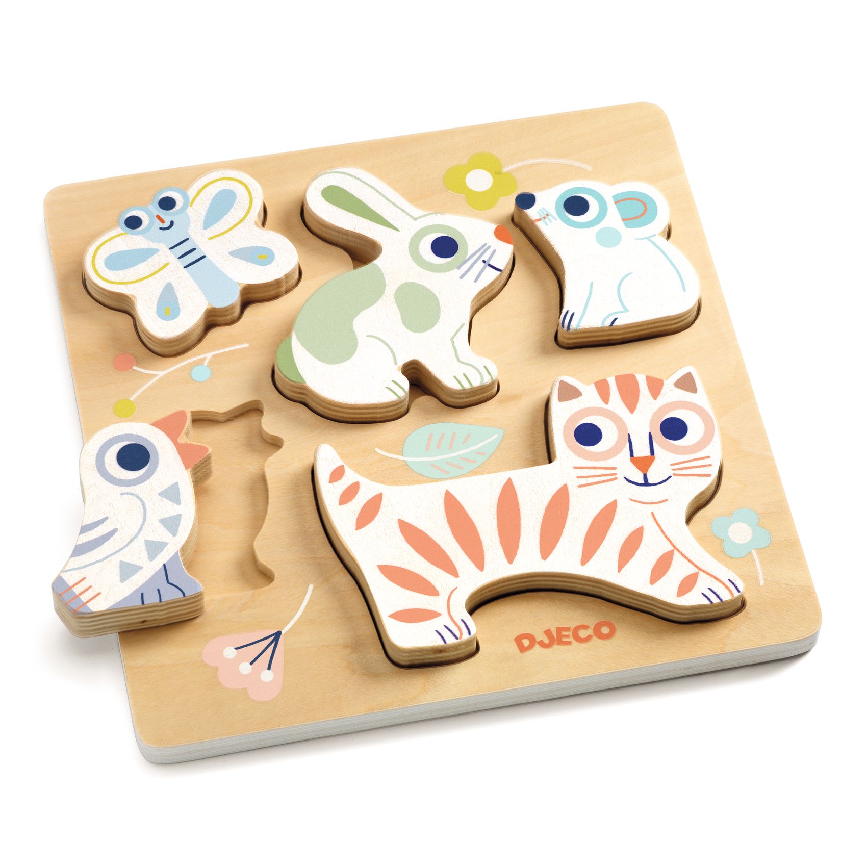 Puzzle lemn Djeco, BabyAnimali, + 1 an, 5 piese
